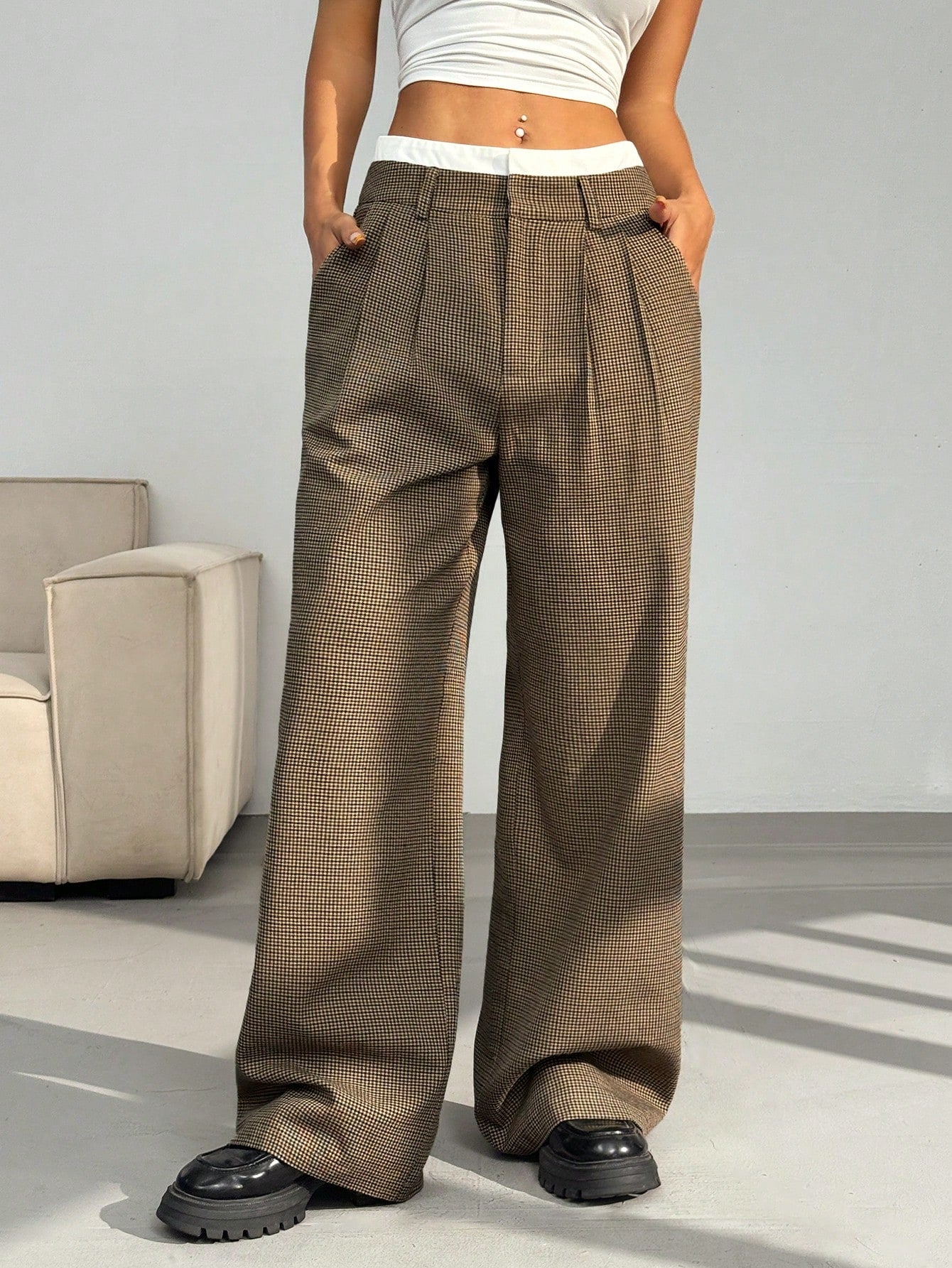 Women's Pleated Striped Wide-Leg Suit Pants With Color Block Waistband