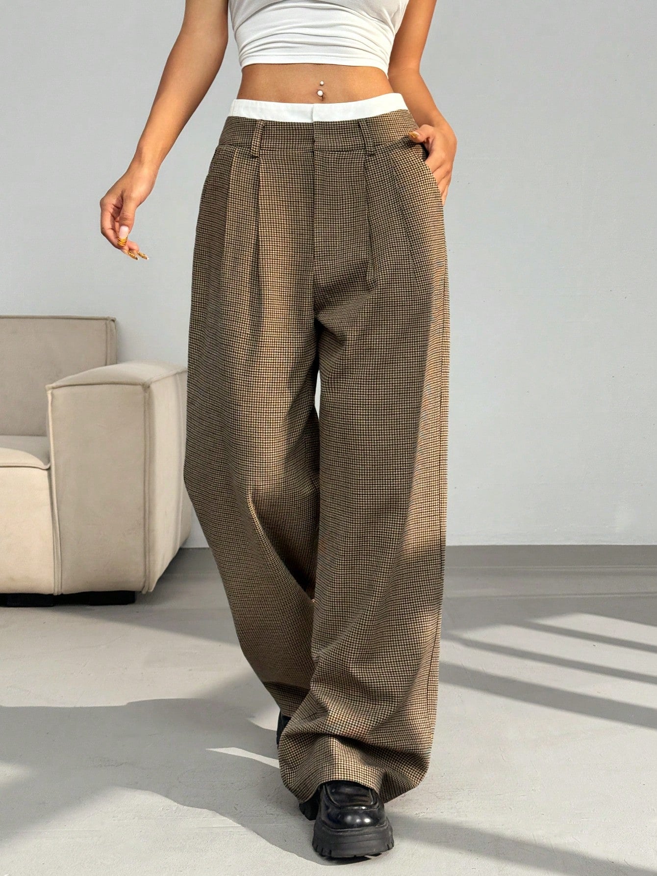 Women's Pleated Striped Wide-Leg Suit Pants With Color Block Waistband