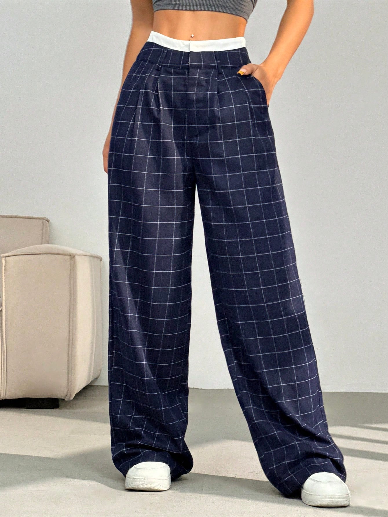 Women's Pleated Striped Wide-Leg Suit Pants With Color Block Waistband