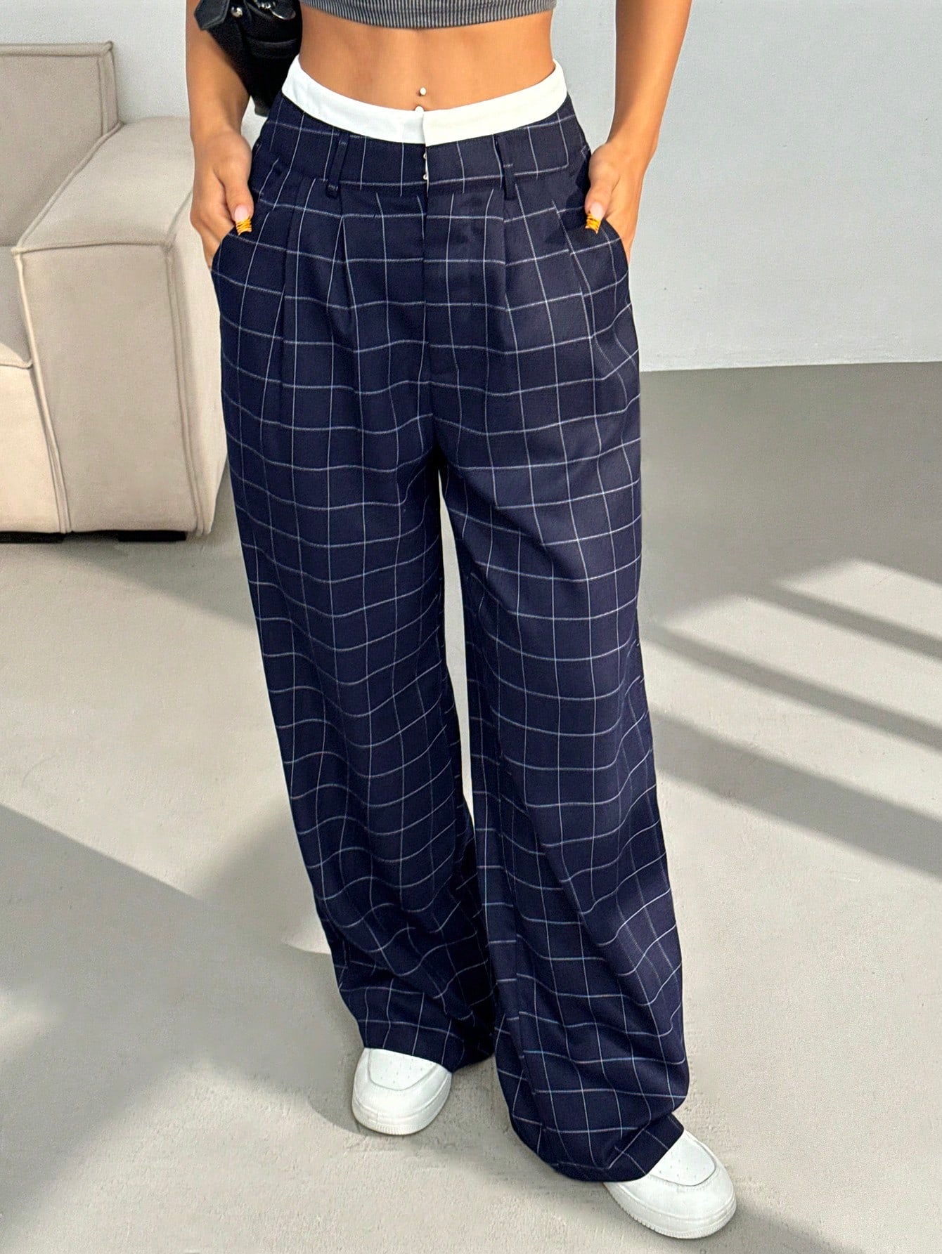 Women's Pleated Striped Wide-Leg Suit Pants With Color Block Waistband