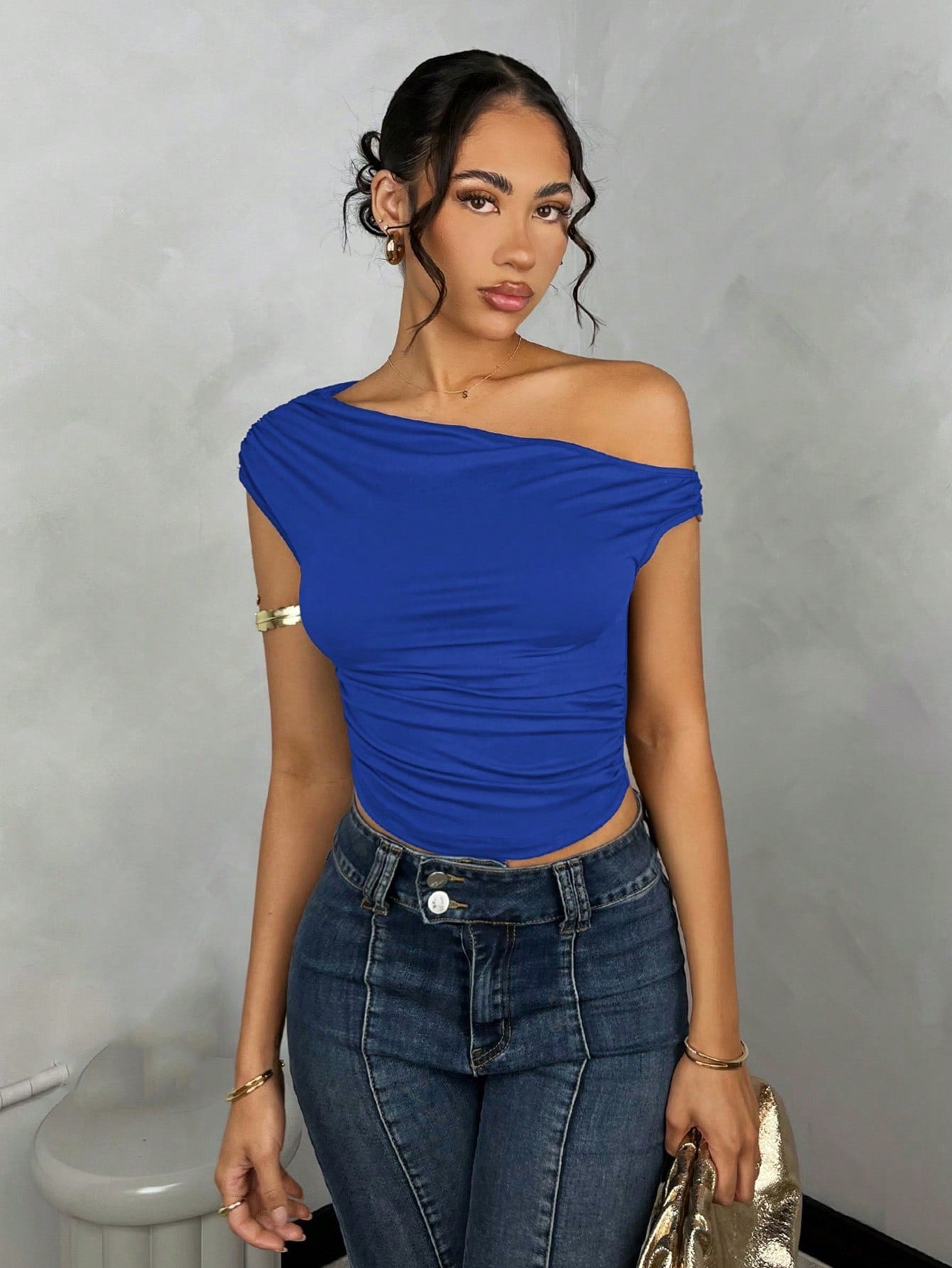 Ladies' Oblique-Shoulder Tight Crop Top, Suitable For Summer