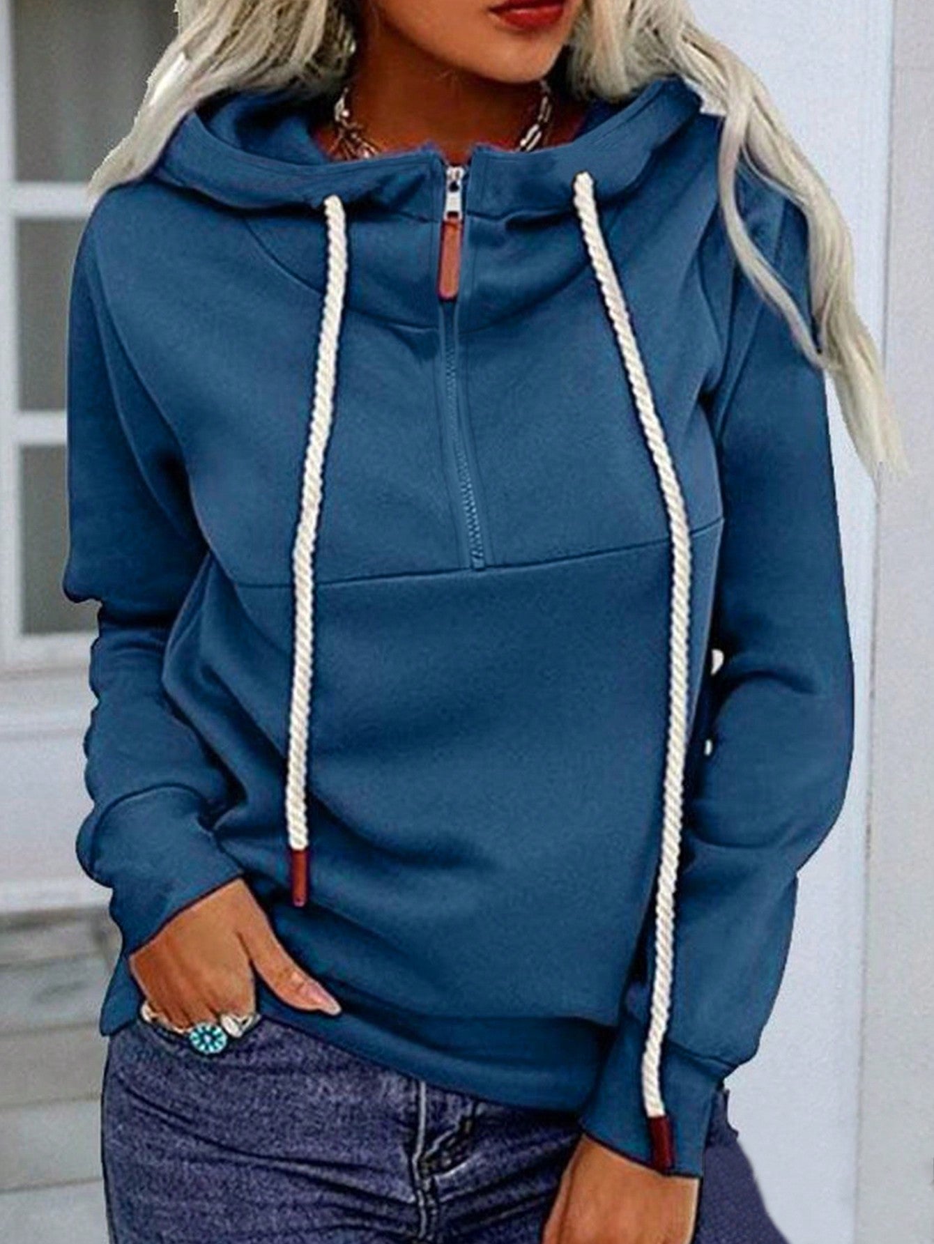 Women's Spring & Autumn Long Sleeve Zip-Up Half-Placket Casual Hooded Sweatshirt