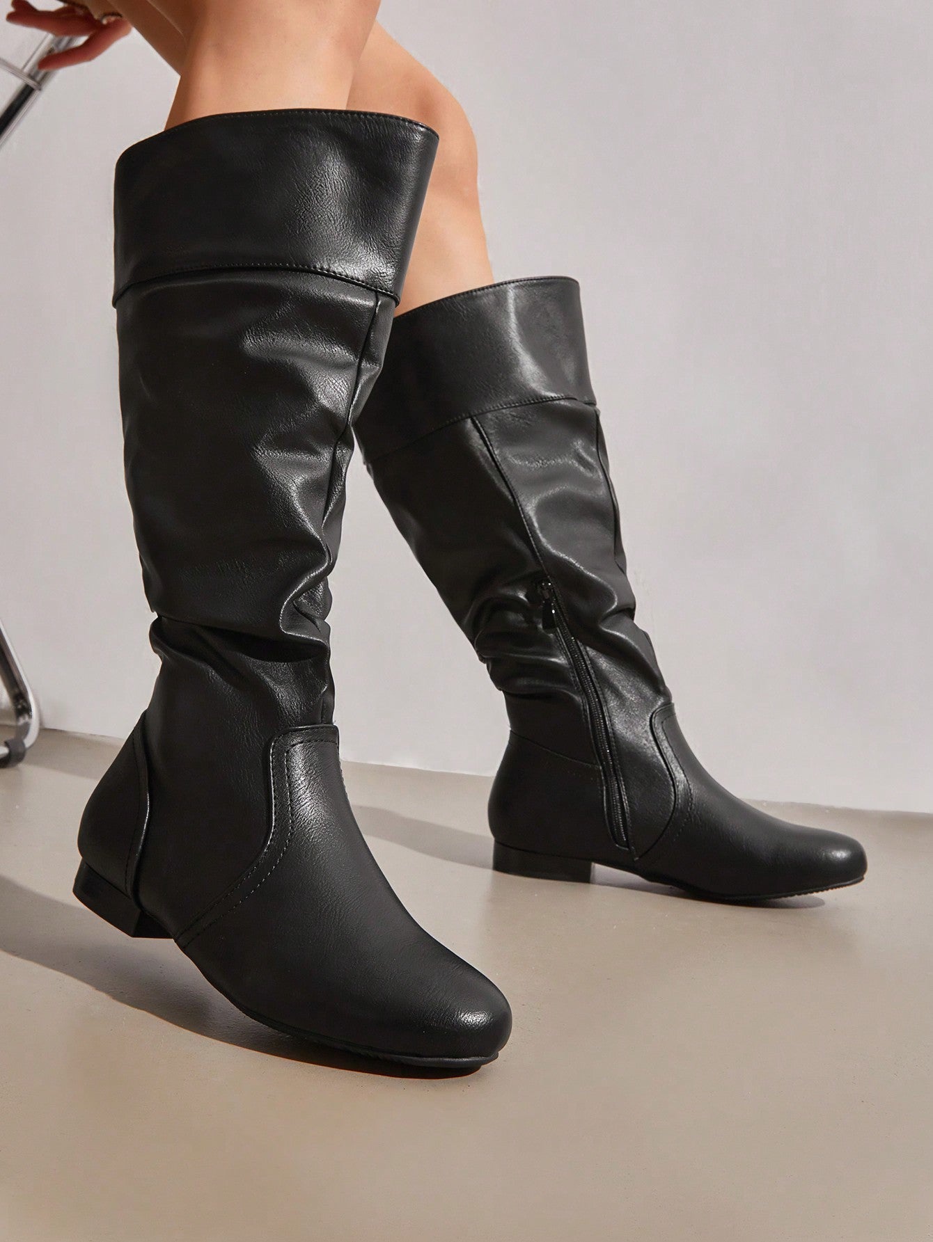 Women's  Black Knee High Pull On Fall Weather Boots Elegant & Fashionable Classic Slouchy Boots