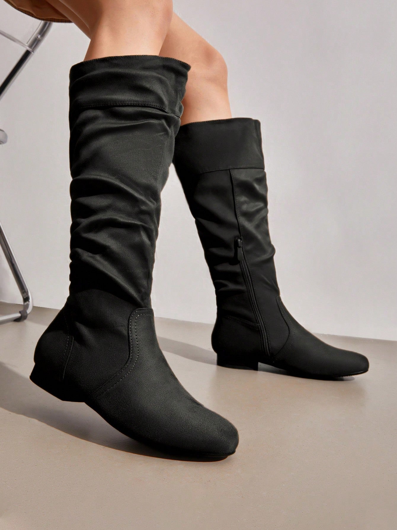 Women's  Black Knee High Pull On Fall Weather Boots Elegant & Fashionable Classic Slouchy Boots