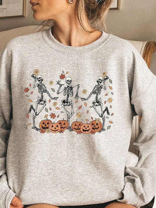 Women's Spring And Autumn Pumpkin Skull Print Round Neck Drop Shoulder Long Sleeve Casual Loose Sweatshirt