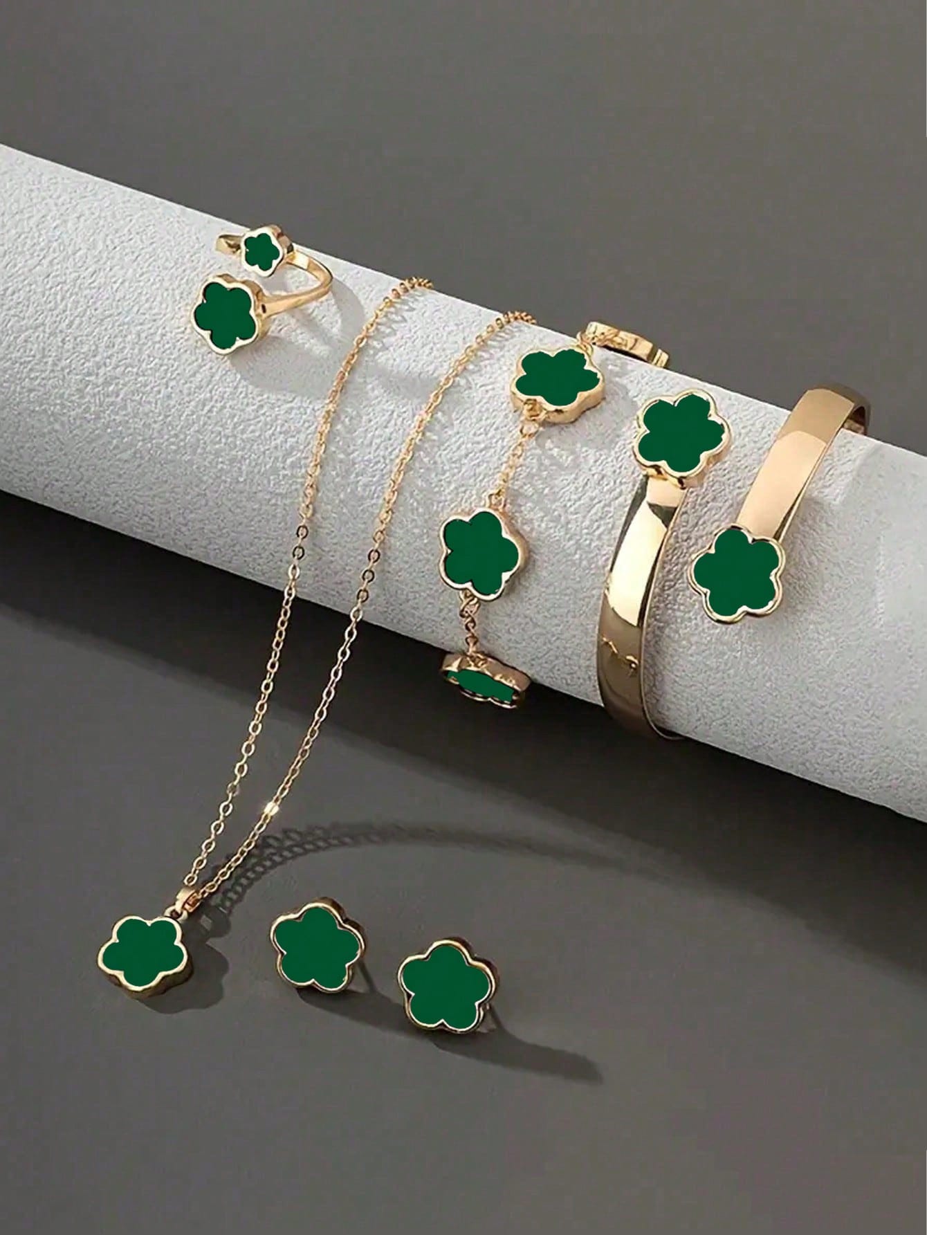 5pcs/Set Lucky Four-Leaf Clover Jewelry Set: Bracelet, Necklace, Earrings, Bangle, And Ring