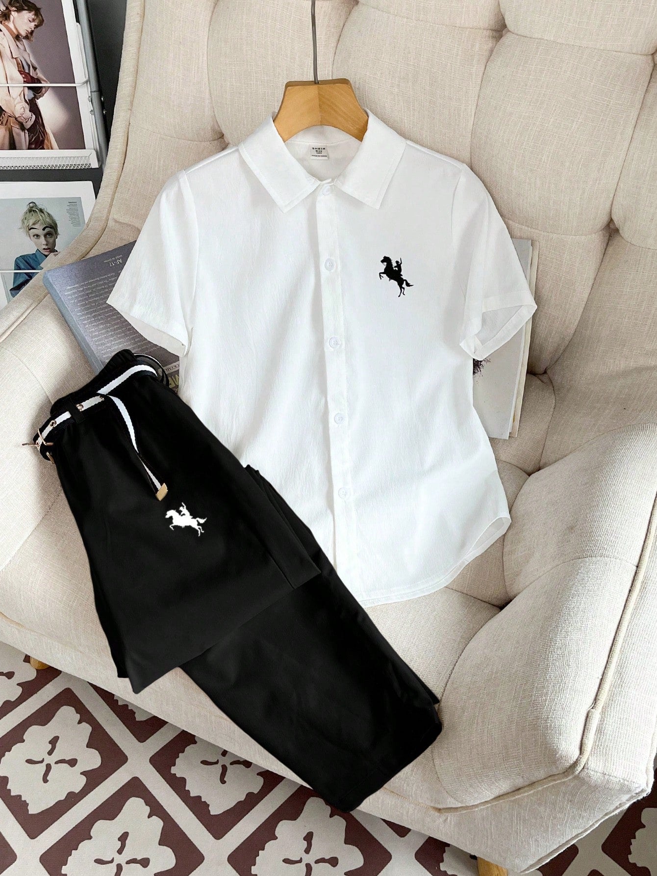 Tween Boy 2pcs 7/4 Patterned Button-Up Shirt With Belted Pants Suit, Great For Commuting, School Days, Daily Wear, Casual College Outings, Sports & Suitable For Spring/Summer.