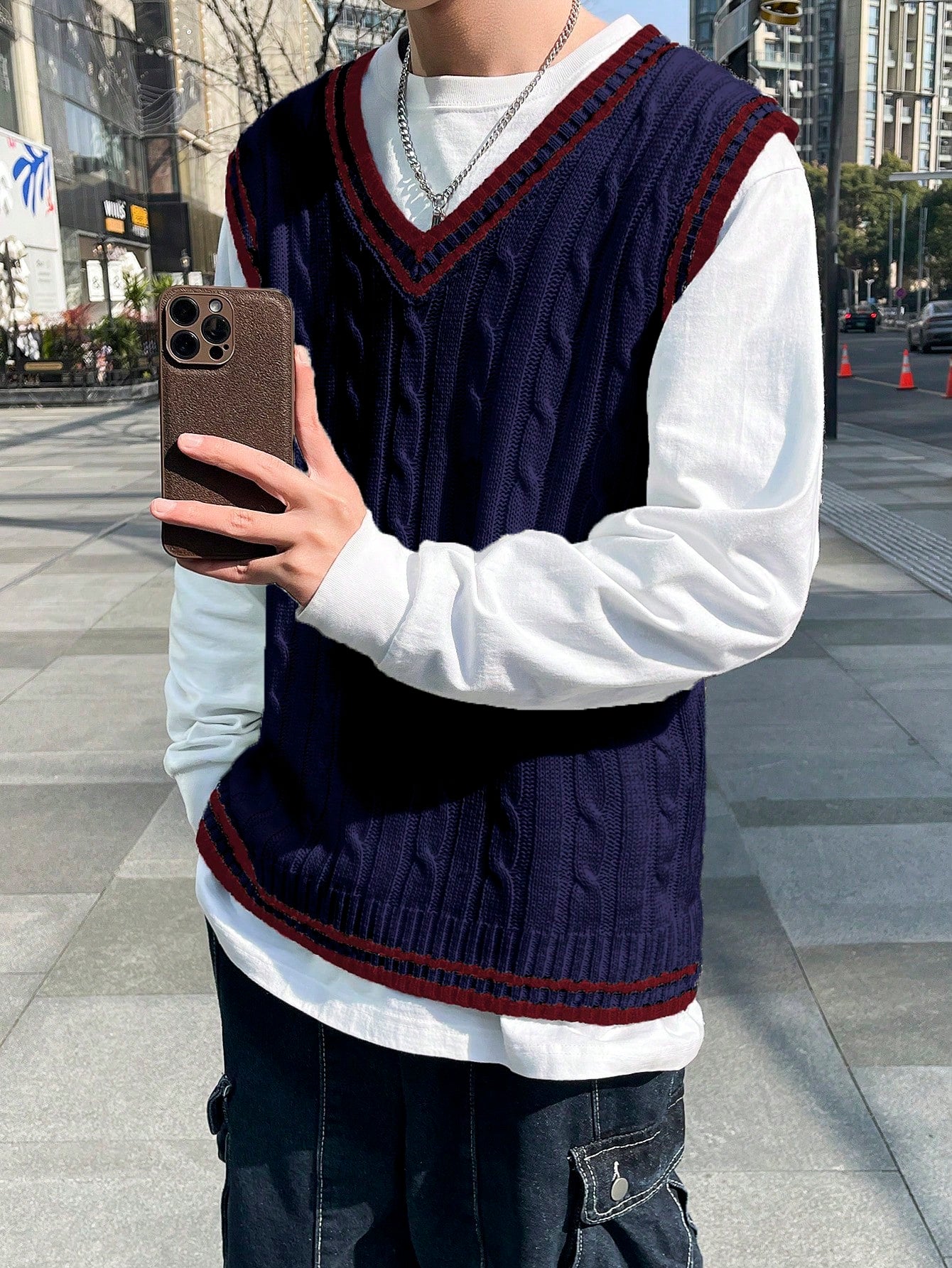 Men's Color-Block Sleeveless Sweater Vest, Simple Style For Daily Wear