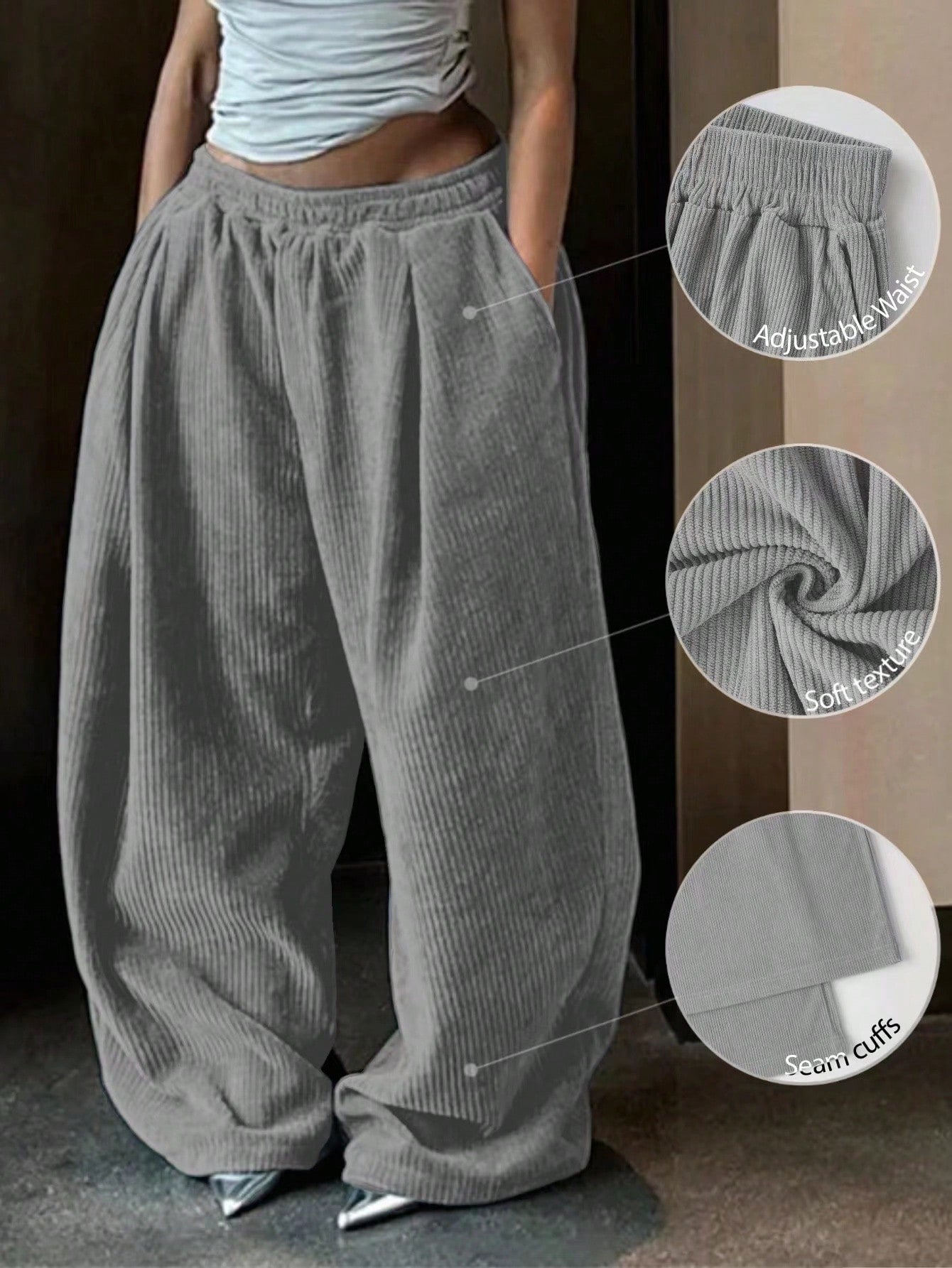 Women's Casual Solid Color Wide Leg Baggy Pants, Loose Pants