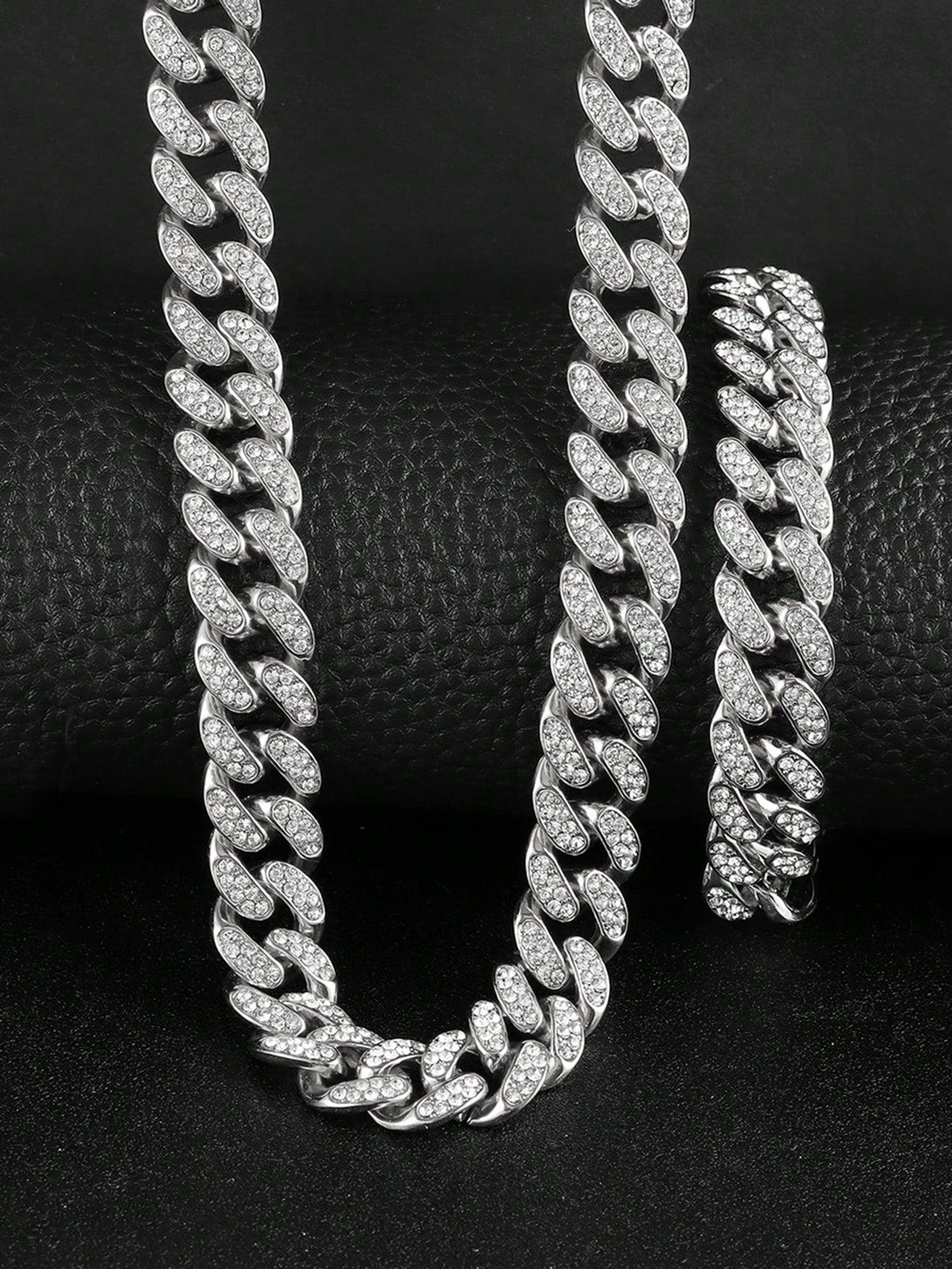 2pcs Hip-Hop Style Fashion Jewelry Set, Including Diamond Embedded Necklace And Unisex Rock Bracelet