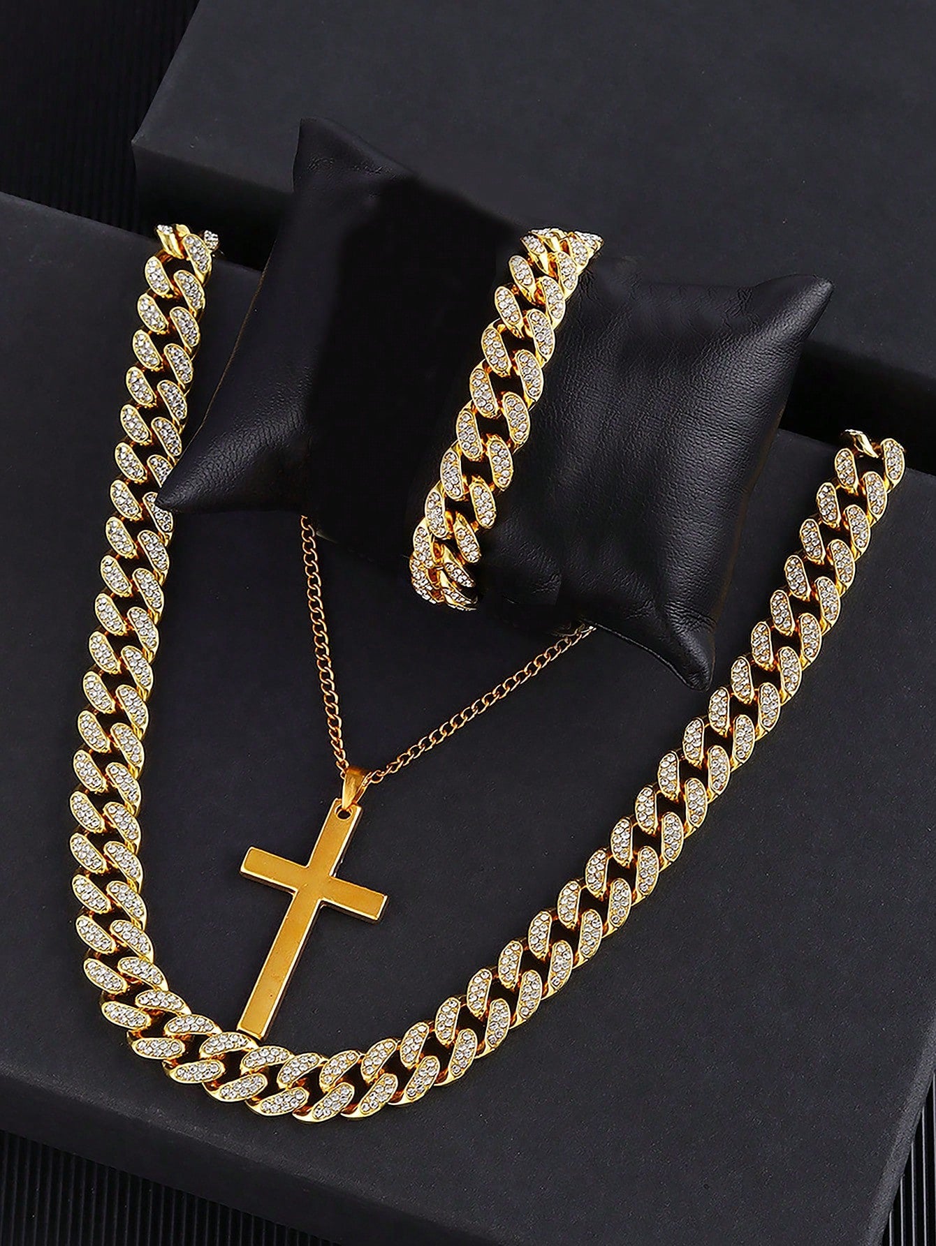 2pcs Hip-Hop Style Fashion Jewelry Set, Including Diamond Embedded Necklace And Unisex Rock Bracelet