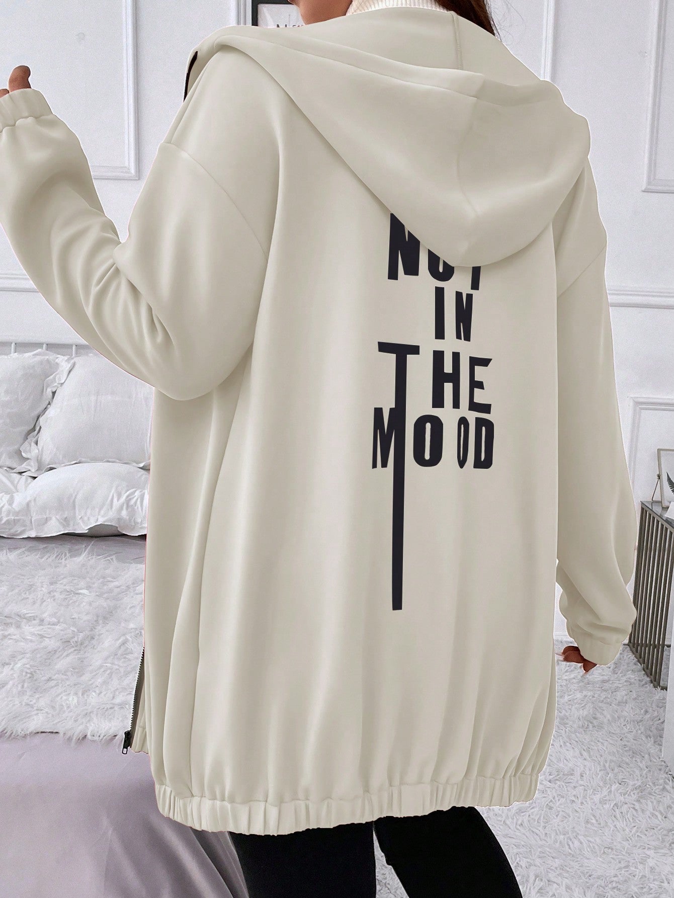 Plus Slogan Graphic Drop Shoulder Hooded Jacket