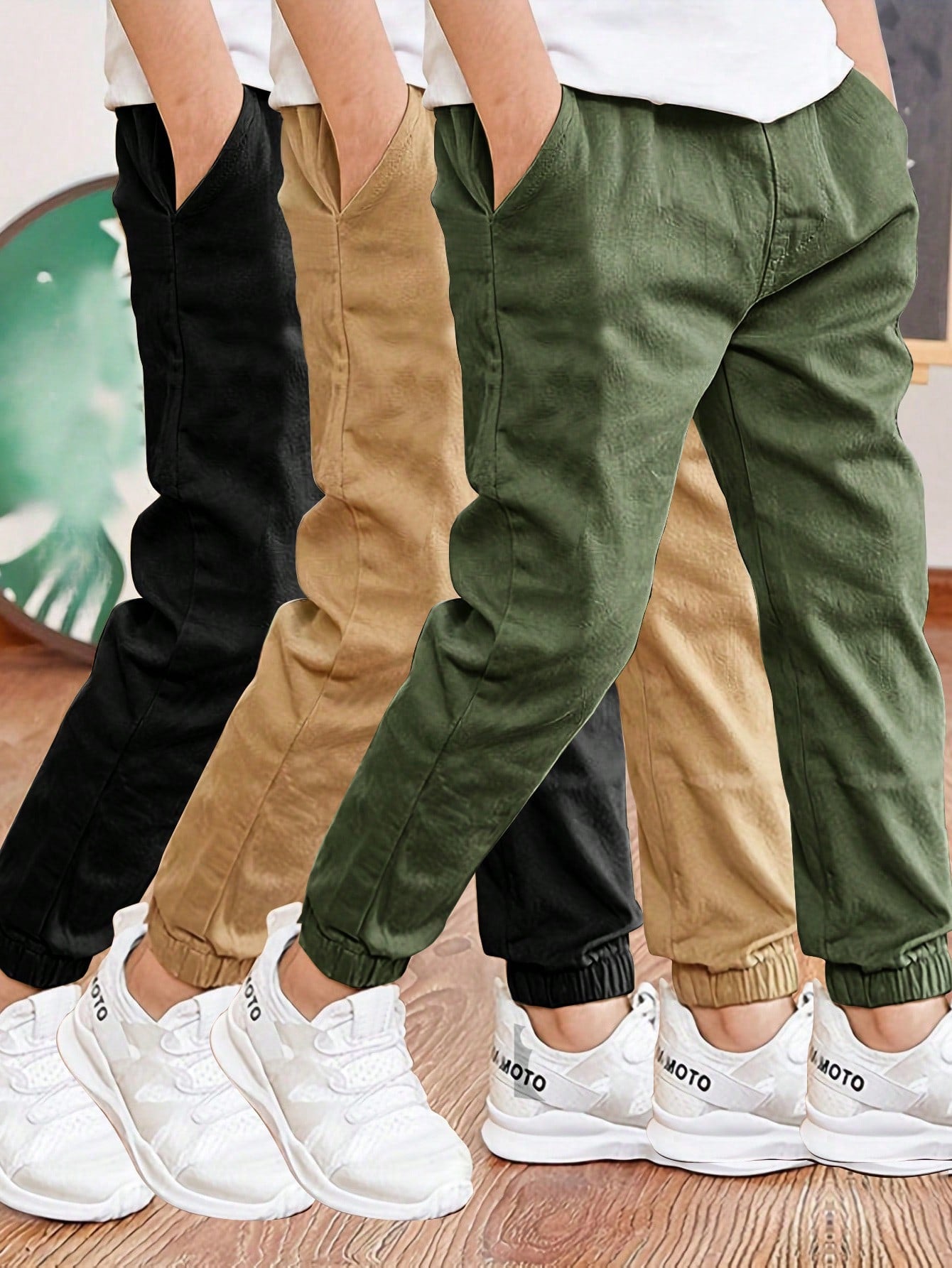 3pcs Set Teenagers Boys' Loose Fit Casual Outdoor Sports Workout Solid Color Cargo Pants With Pockets, Back To School Spring & Autumn