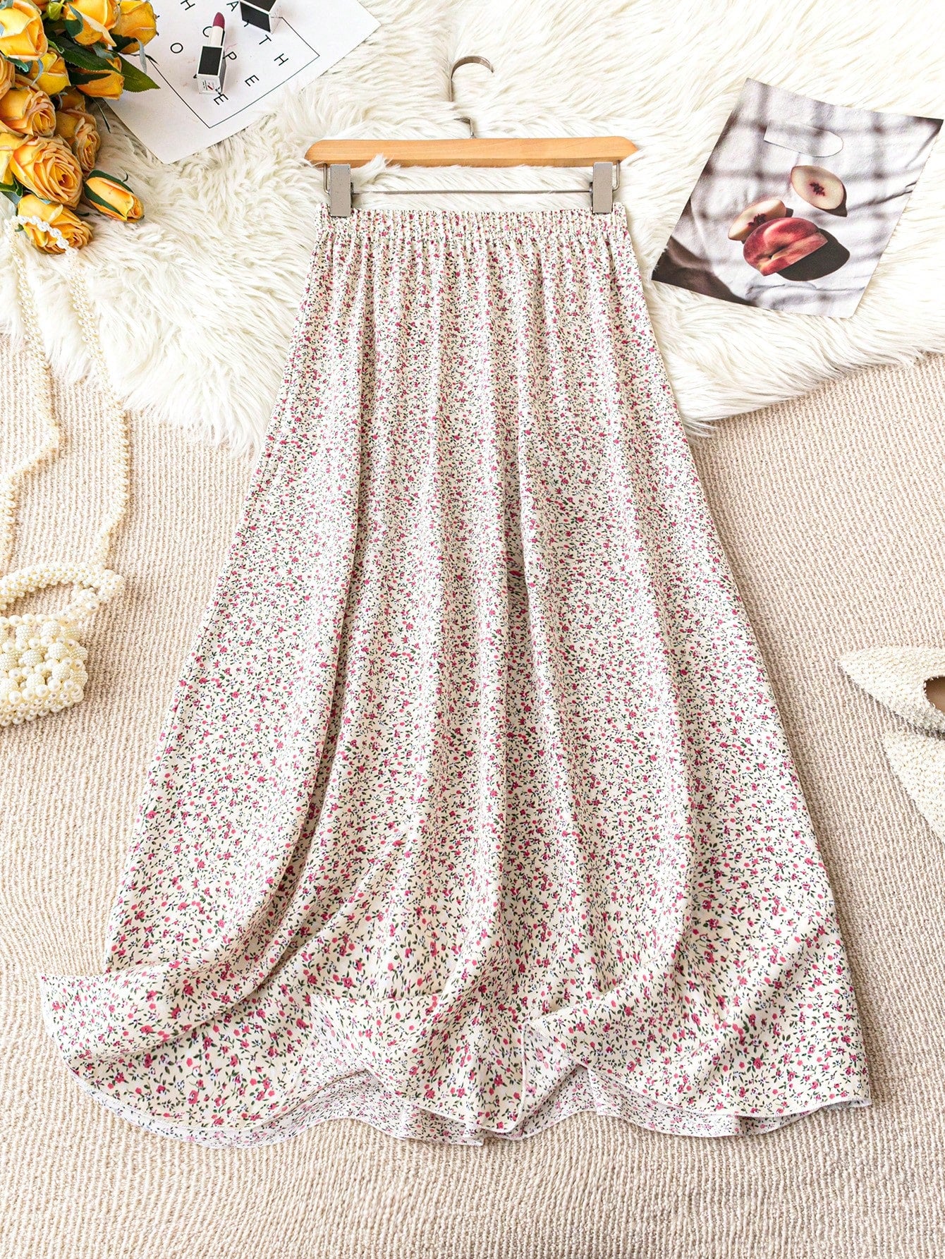 Summer Casual Elastic Waist Ditsy Floraled Skirt With Small Flower Print