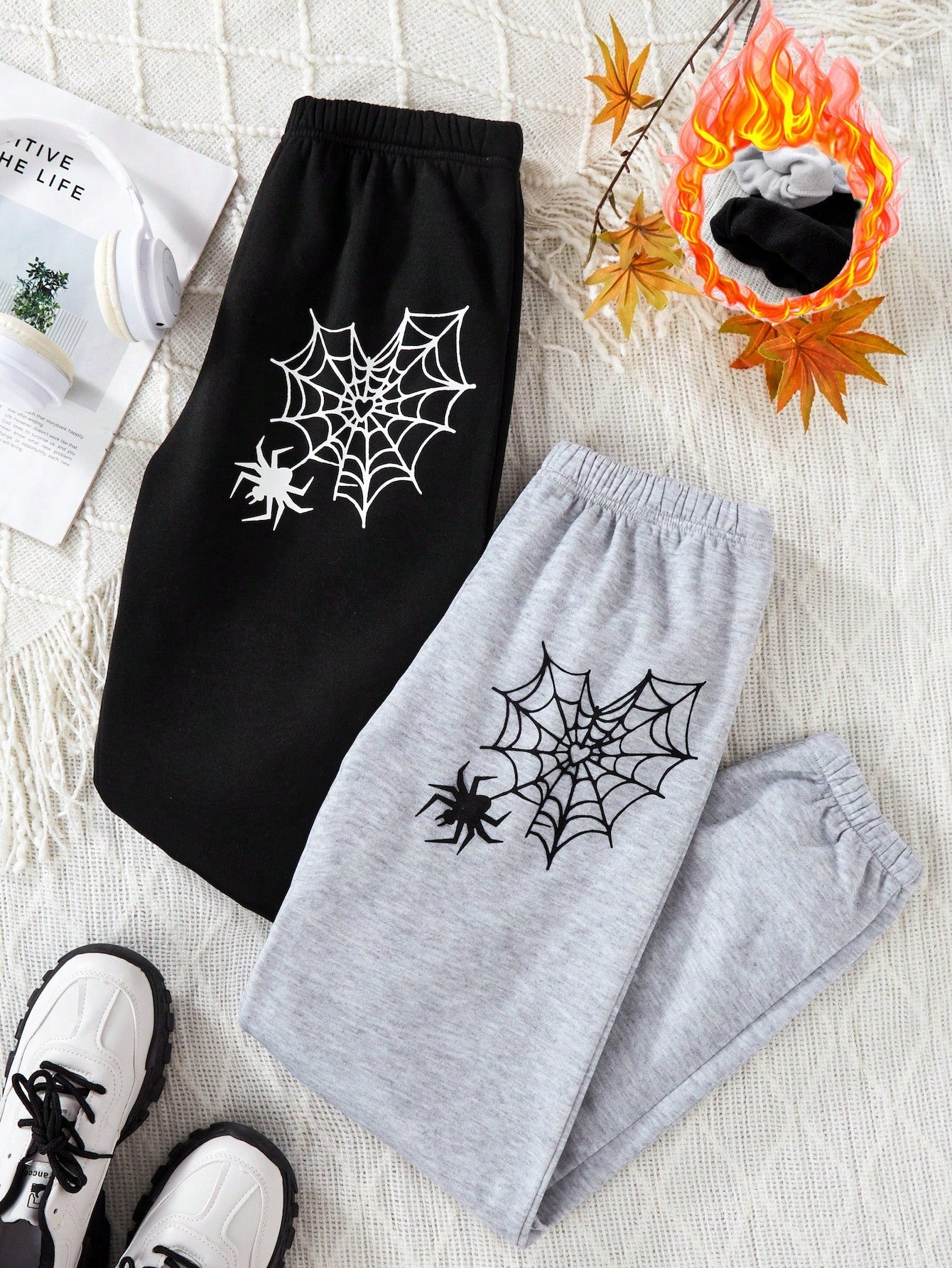 2pcs Tween Girls' Casual Spider Web Printed Sweatpants, Fall/Winter