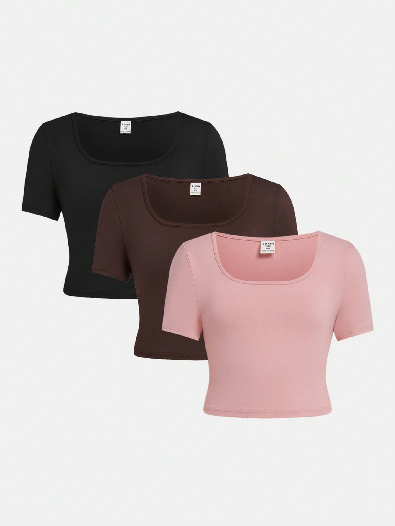 Tween Girl 3pcs Knitted Solid Color Square Neck Short Sleeve T-Shirt