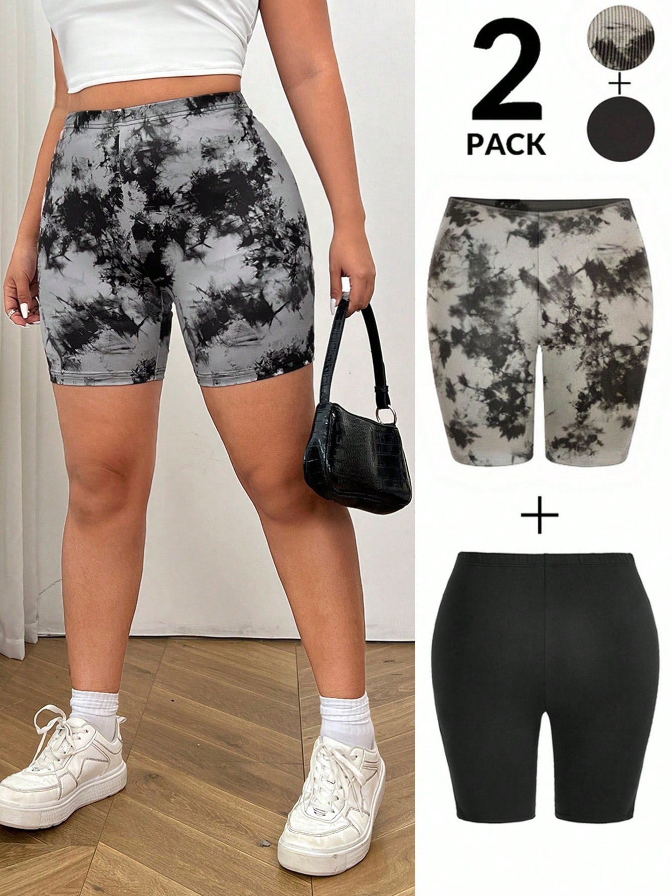 Women's Plus Size 2pcs Set: Black Knitted High-Waisted Compression Shorts And Cycling Shorts, Made With Ice Silk Cool Fabric, Perfect For Everyday Wear, Outdoor Sports, And Casual Activities Without Restriction.