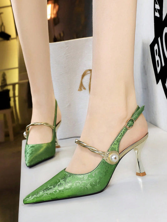 Chinese Style Womens Metal Heel Pointed Toe Hollow-Out Criss-Cross Pearl Decor Mules Shoes