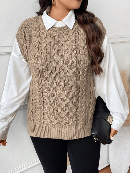 Plus Size Crew Neck Short Sleeve Textured Design Casual Loose Comfortable Sweater Vest