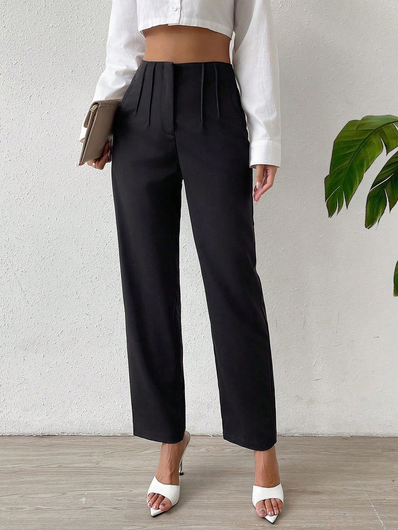 Solid Fold Pleated Straight Leg Pants