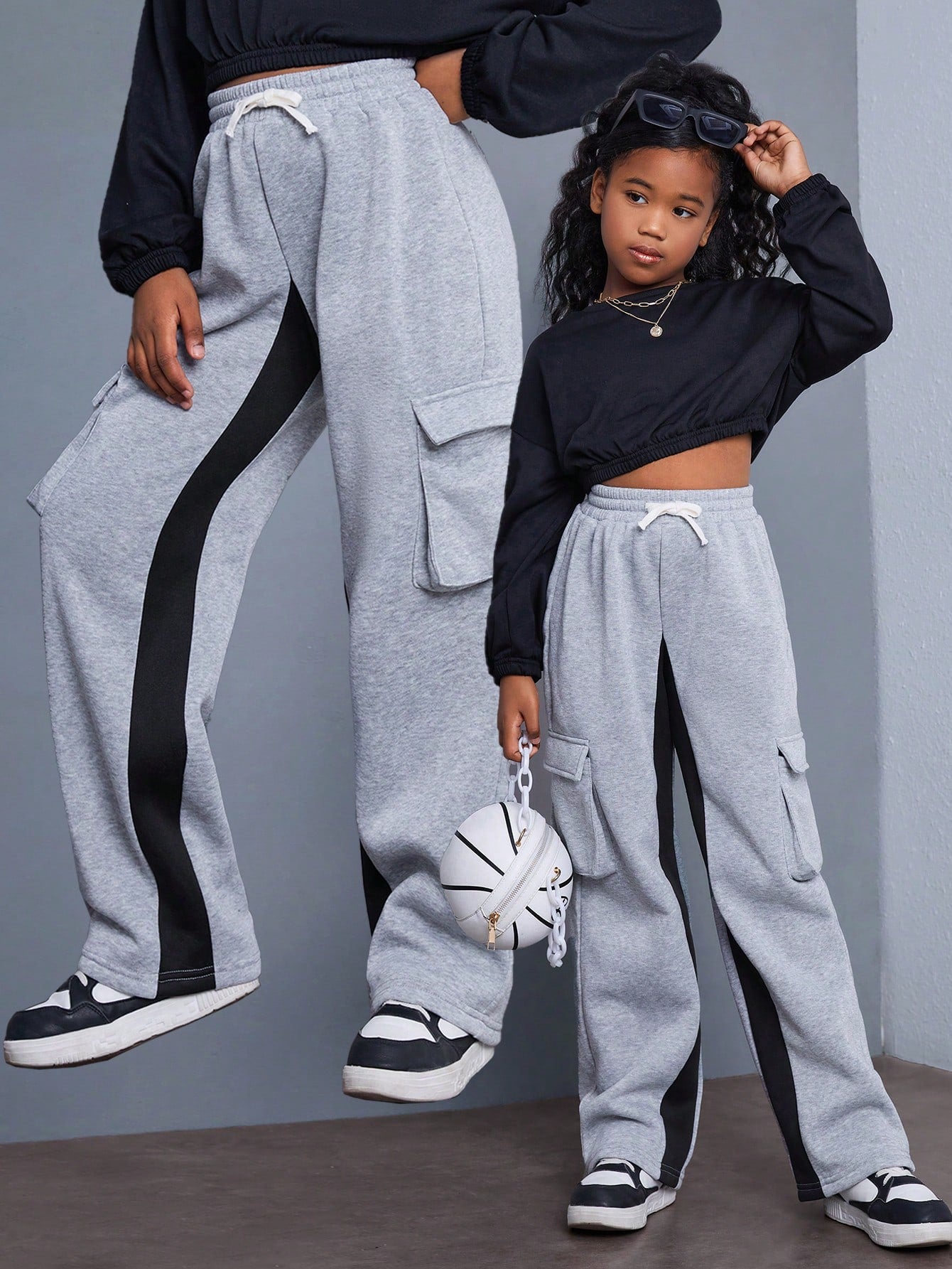 Tween Girls' Loose-Fit, Casual And Comfortable Patchwork Contrast Color Decorated Long Sweatpants With Pocket