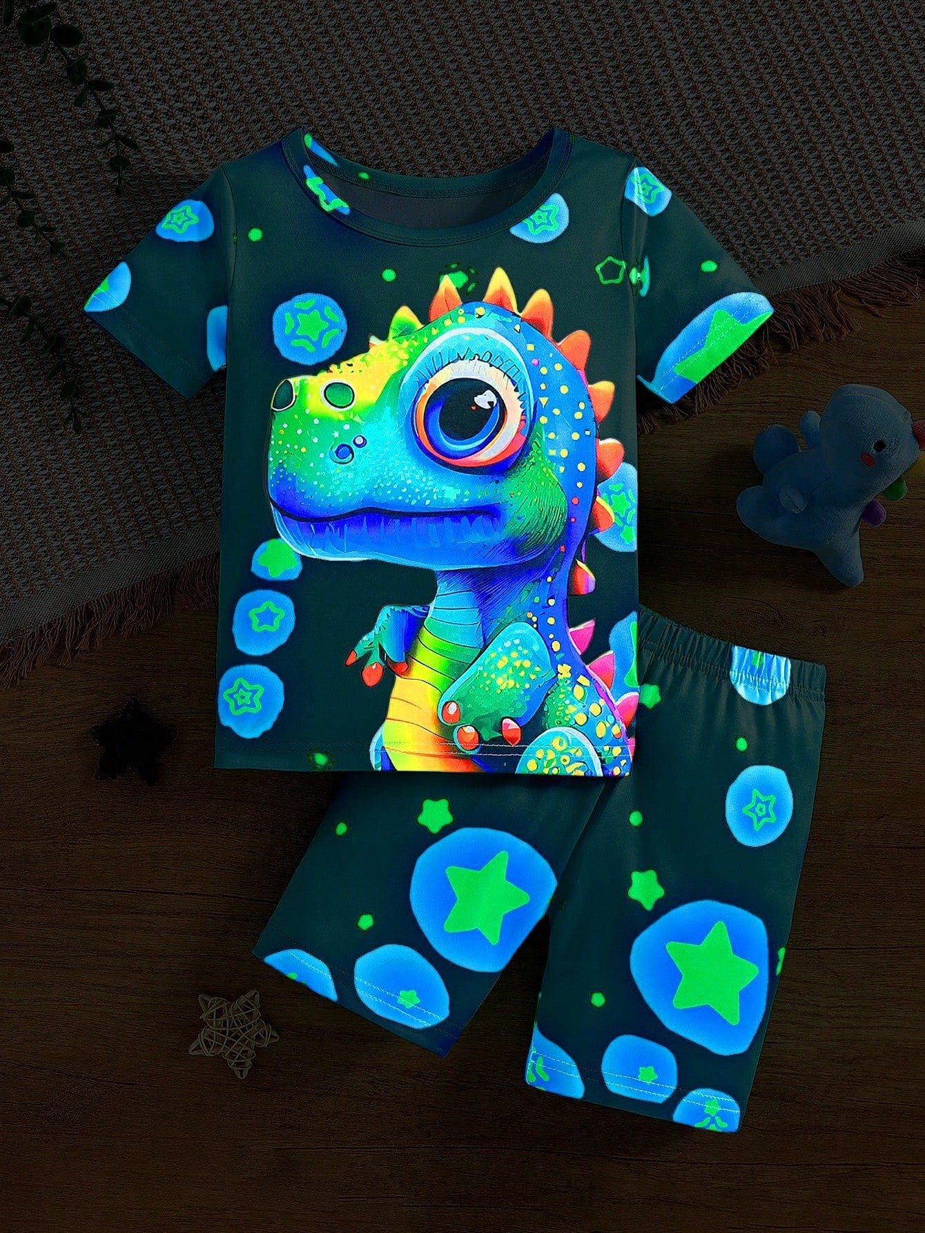 Young Boy Cartoon Print Glow-In-The-Dark Short Sleeve T-Shirt & Shorts Pajama Set,