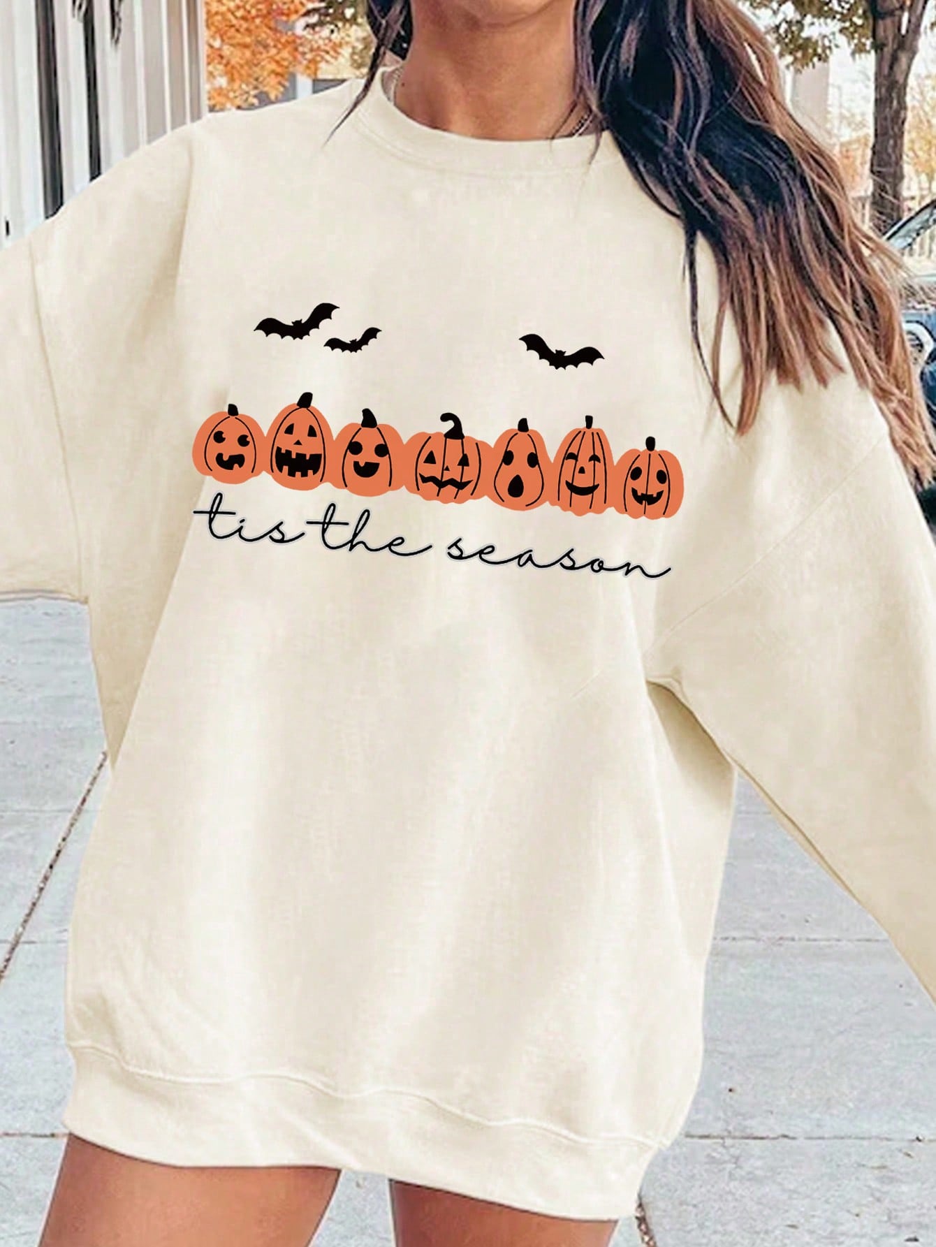 Autumn/Winter Halloween Bat & Pumpkin Graphic Print Sweatshirt For Women