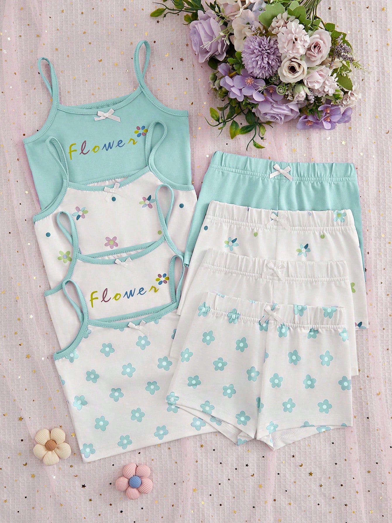 Young Girl Summer Floral Printed Camisole Top And Shorts 8pcs Underwear Set