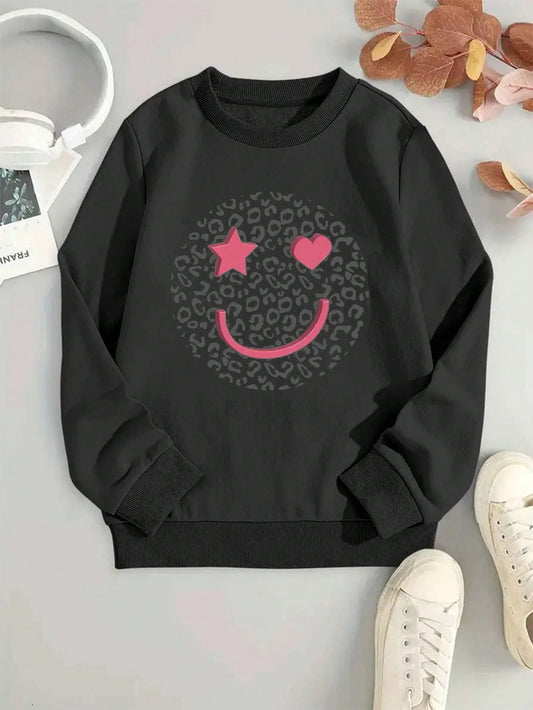 Young Girls' Smile Face Printed Basic Crew Neck Sweatshirt