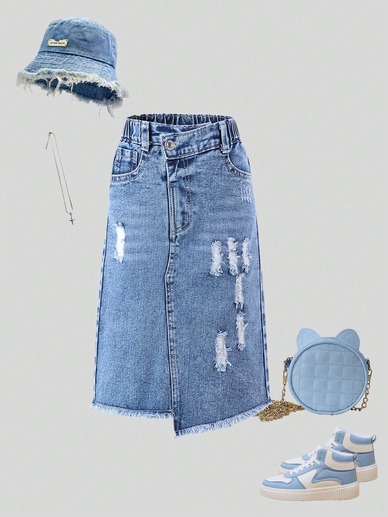 Streecool Kids Asymmetric Waist High Street Chic Ripped Distressed Denim A-Line Maxi Skirt With Raw Hem For Young Girls