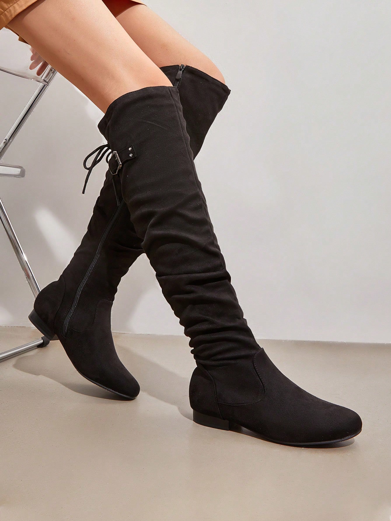 Women's Black Pu Over The Knee Pull On Boots