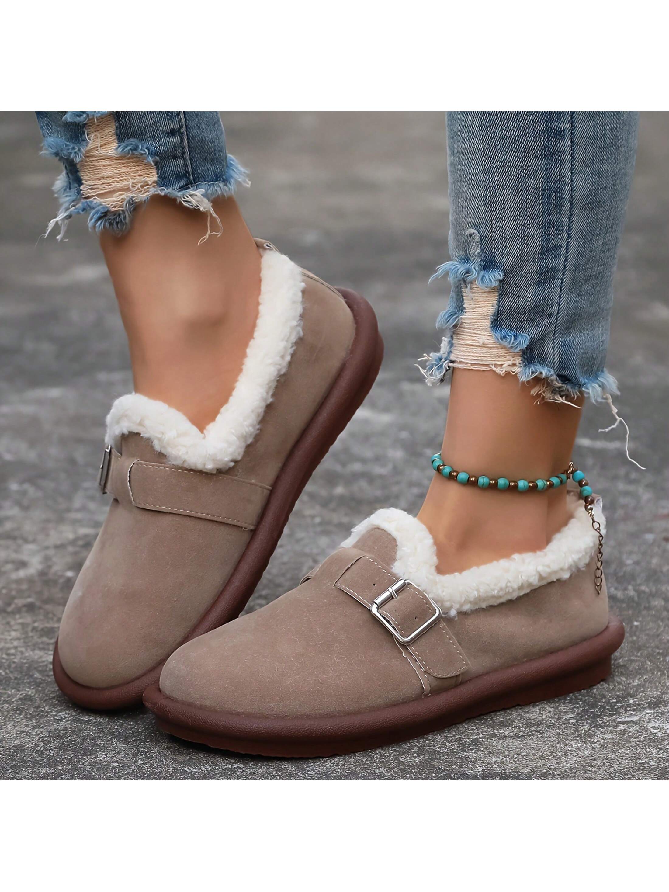 Vintage Buckle Straps Women's Shoes For Winter | Flat Fluffy Round Head & Warm Comfortable Shoes