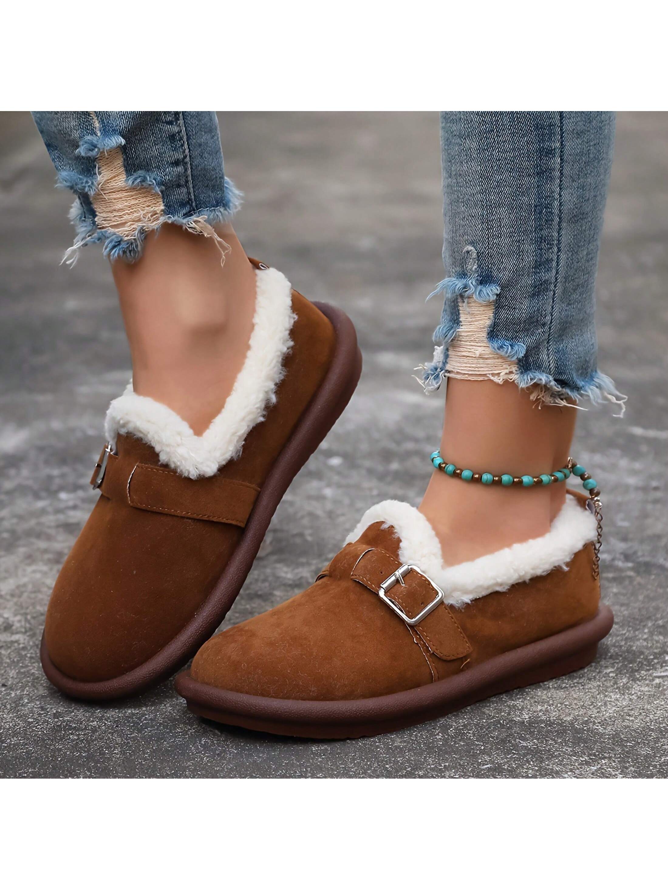 Vintage Buckle Straps Women's Shoes For Winter | Flat Fluffy Round Head & Warm Comfortable Shoes