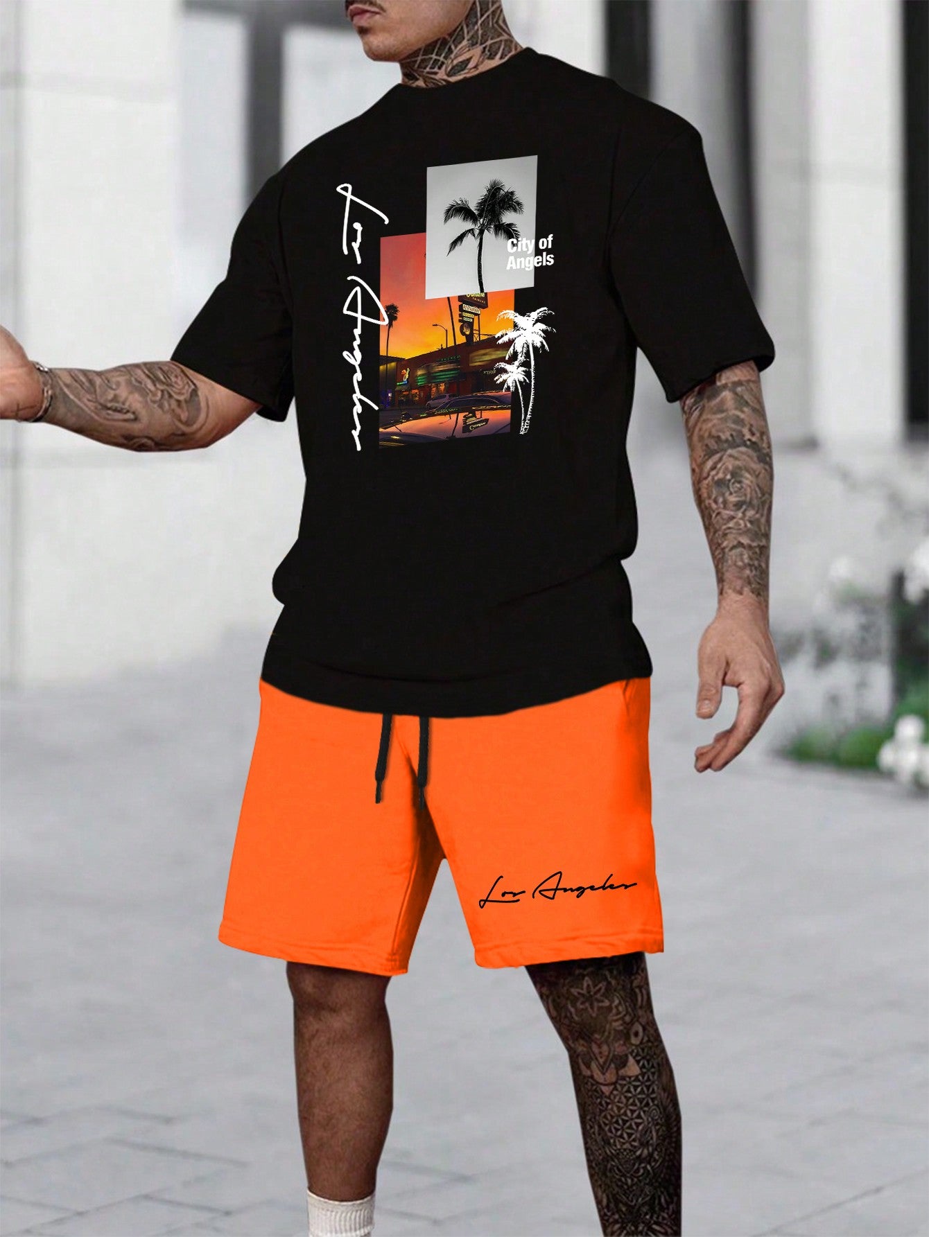 Men's Summer Holiday Letter & Palm Tree Printed Short Sleeve Casual T-Shirt And Drawstring Waist Shorts Set