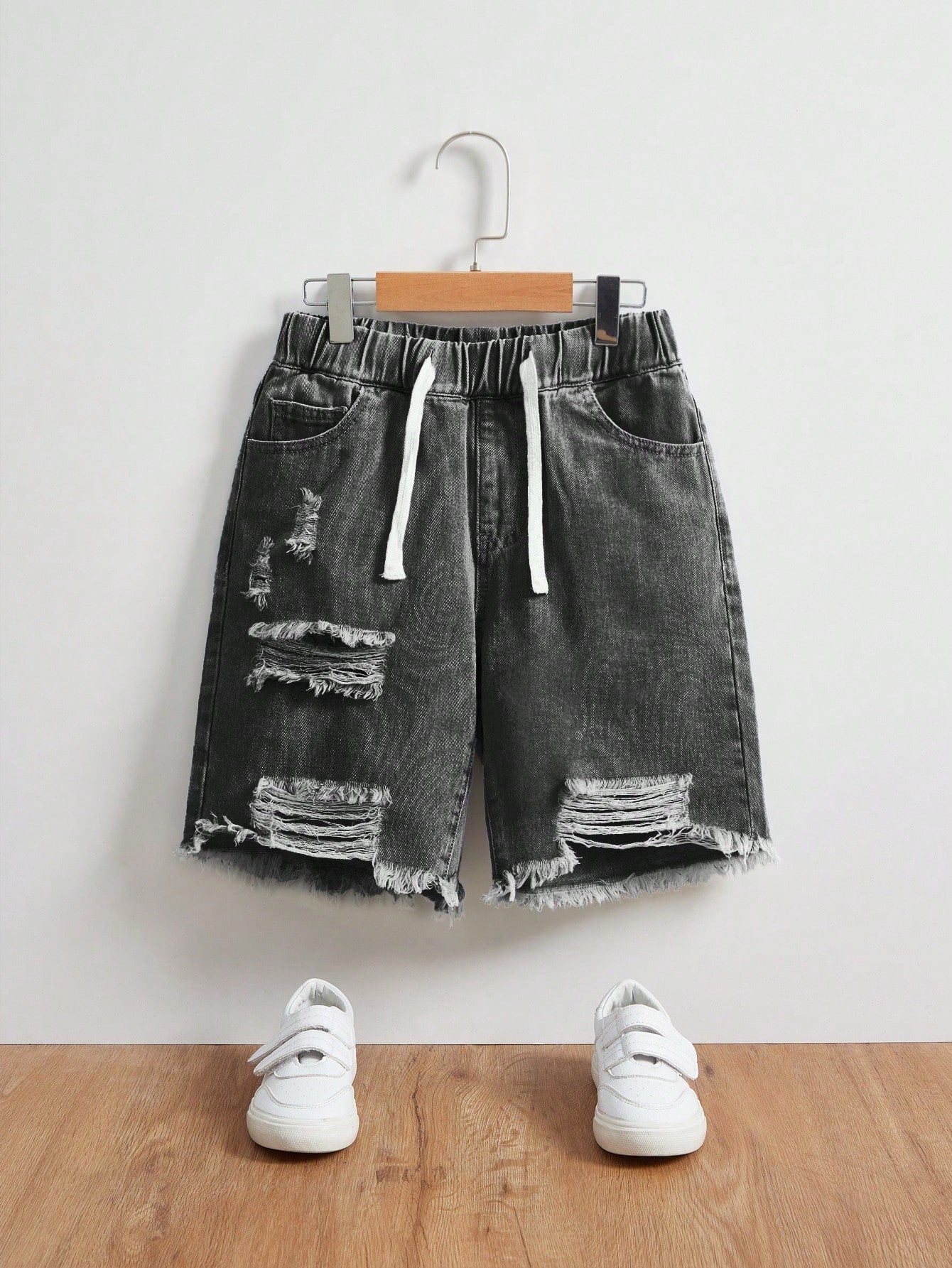 Tween Boy Drawstring Waist Ripped Raw Hem Bermuda Denim Shorts