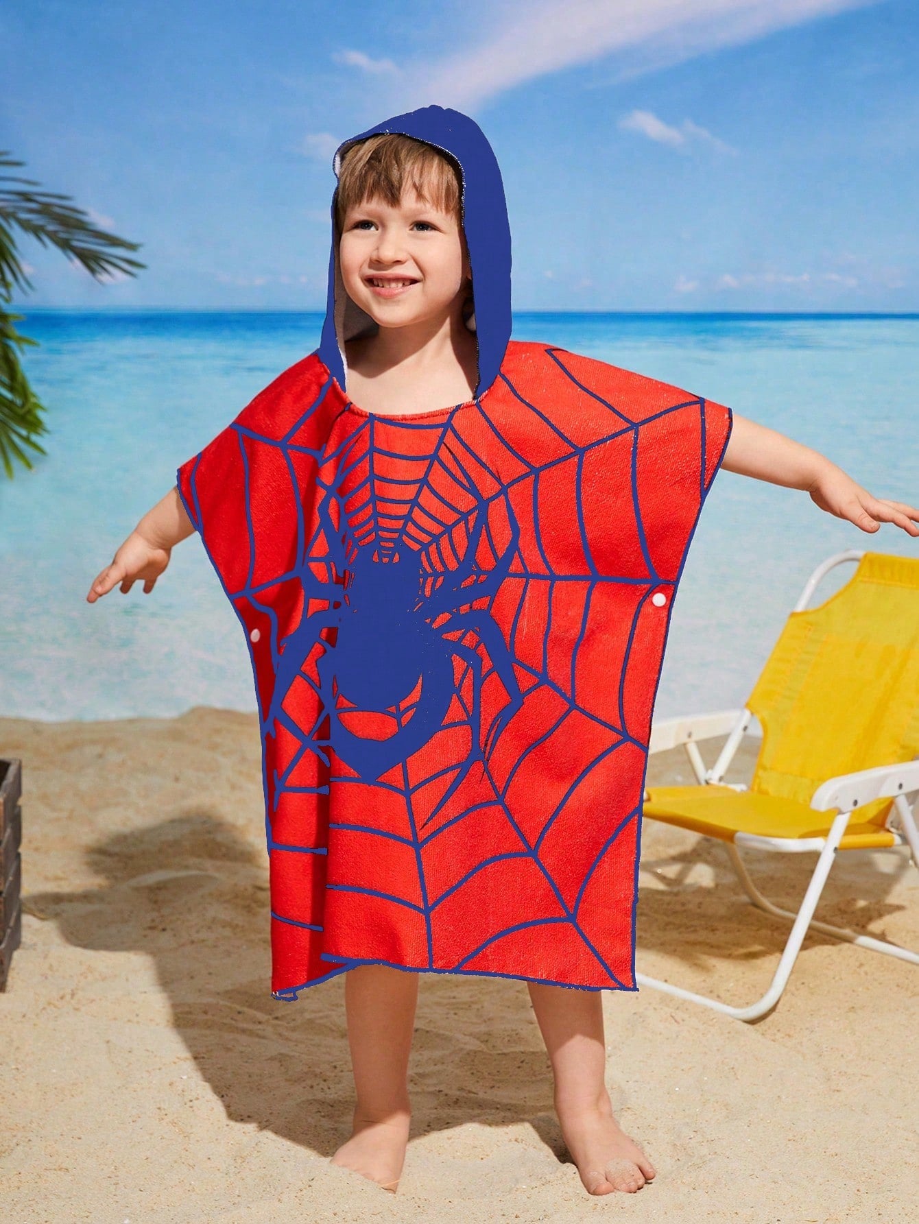 Young Boy Cartoon Printed Hooded Swim Cover-Up