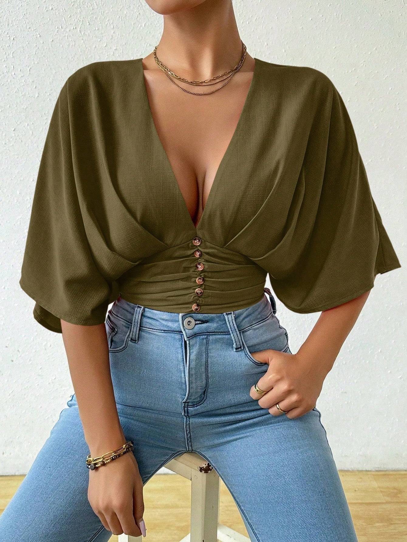 Summer  Solid Color Deep V-Neck Batwing Sleeve Ruched Waist Shirt