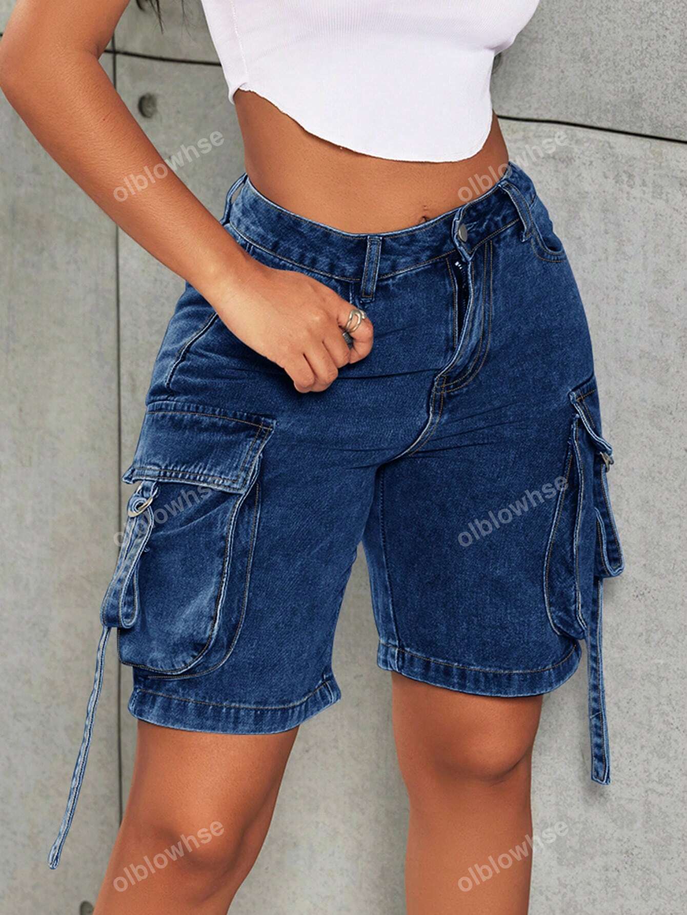 Y2K Street High Waist Flap Pocket Tape Detail Work Cargo Denim Bermuda Wide Leg Jean Shorts Summer Comfy Trendy Jorts