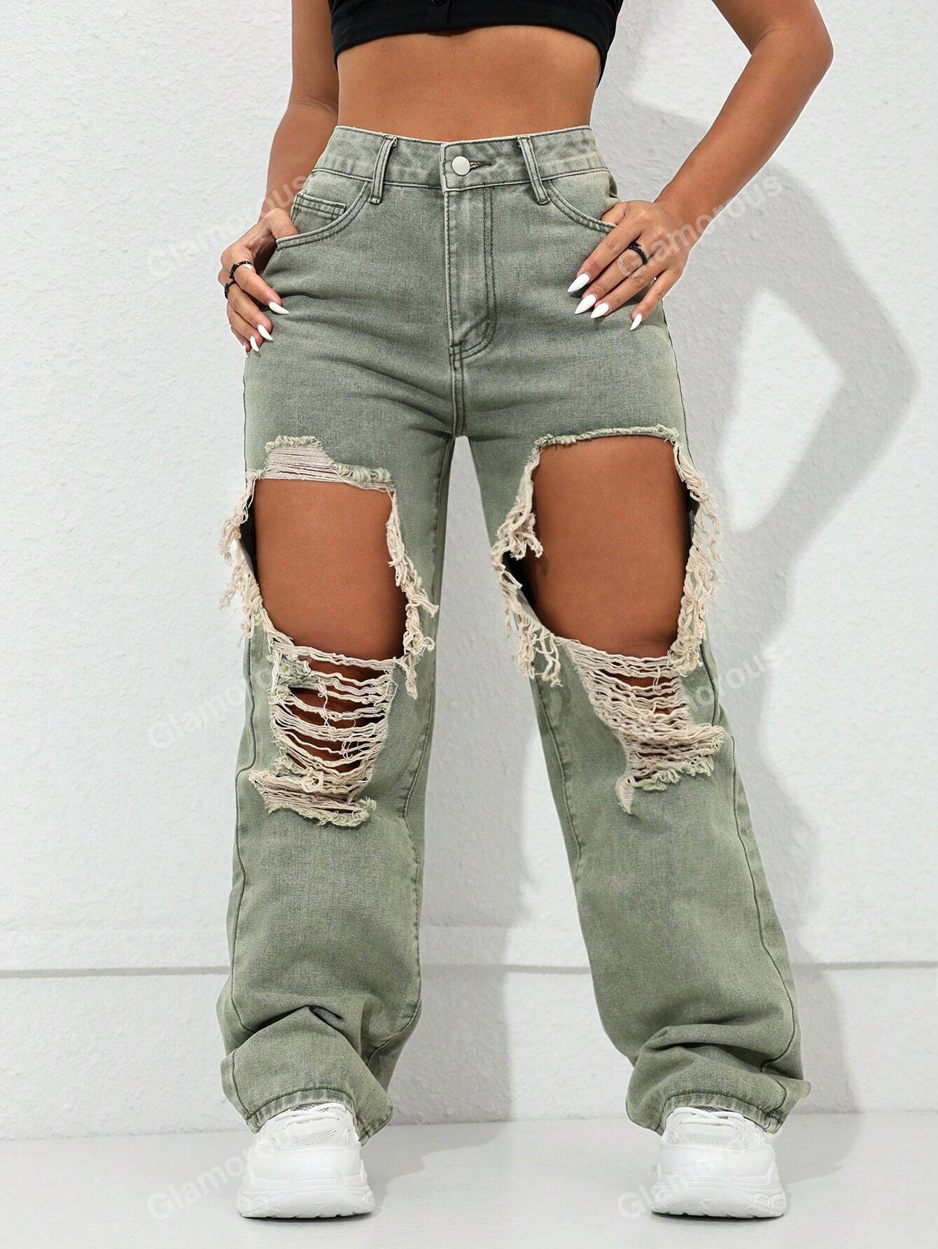 Street High Waist Slant Pocket Ripped Straight Leg Jeans