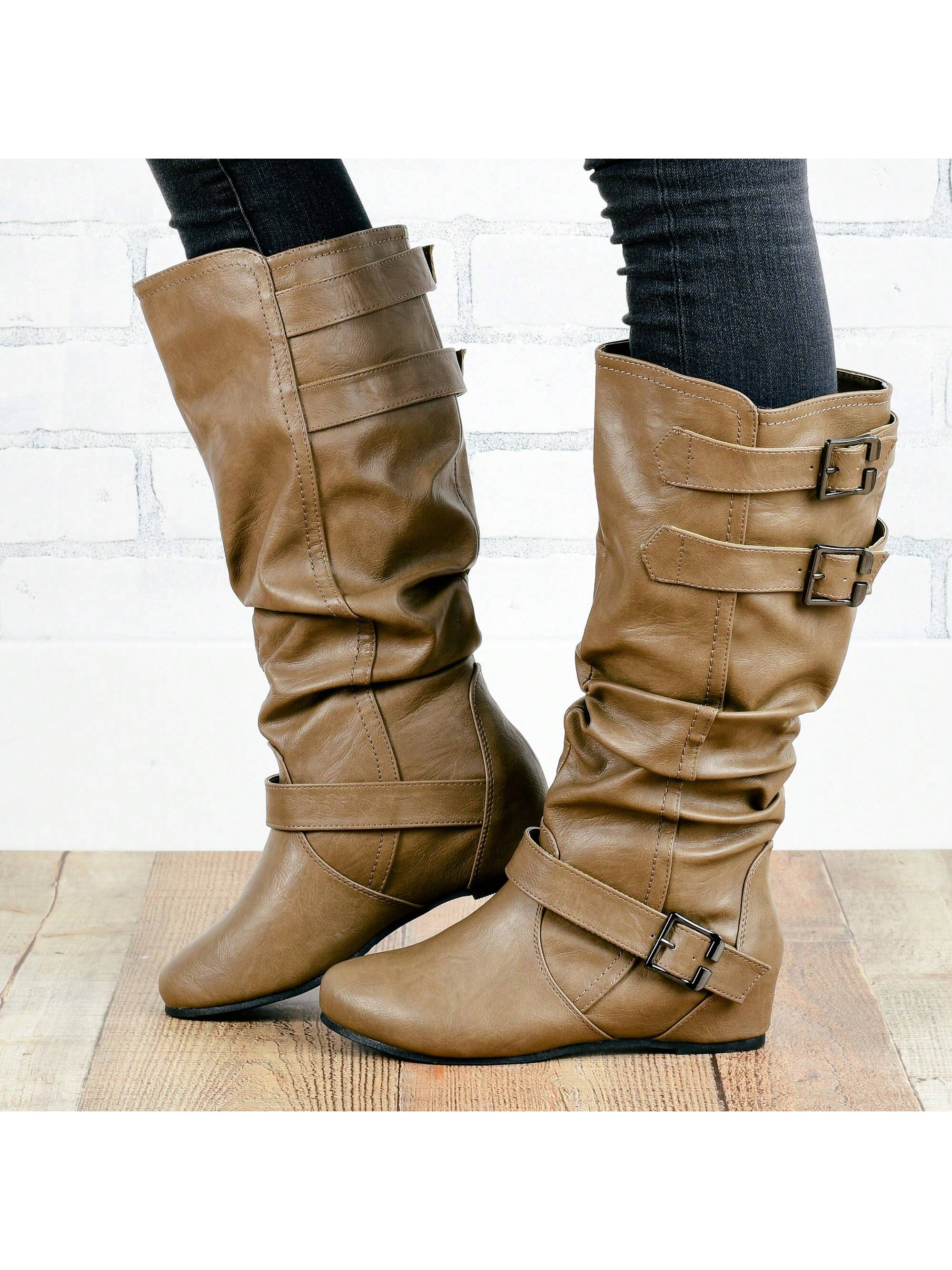 Womens Extra Wide Calf Hidden Wedge Mid Calf Boots