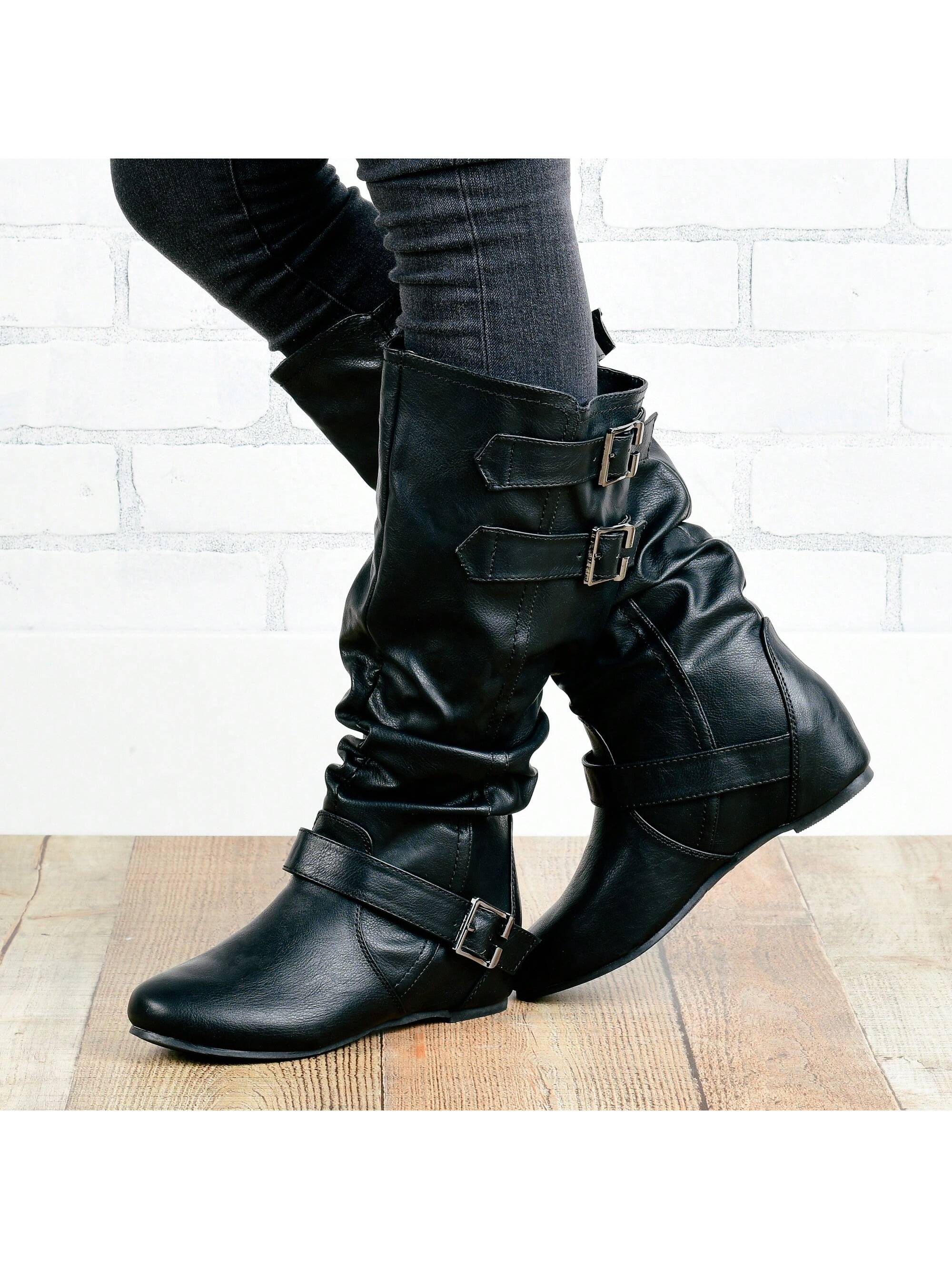 Womens Extra Wide Calf Hidden Wedge Mid Calf Boots