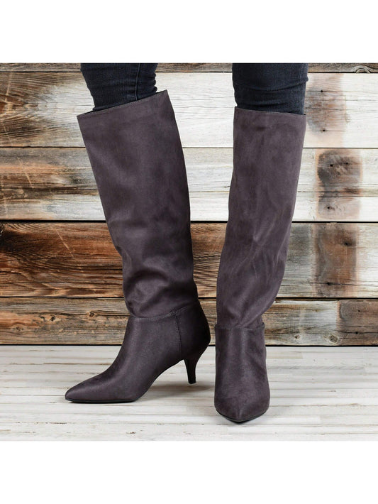 Womens Wide Calf Kitten Heel Knee High Boots