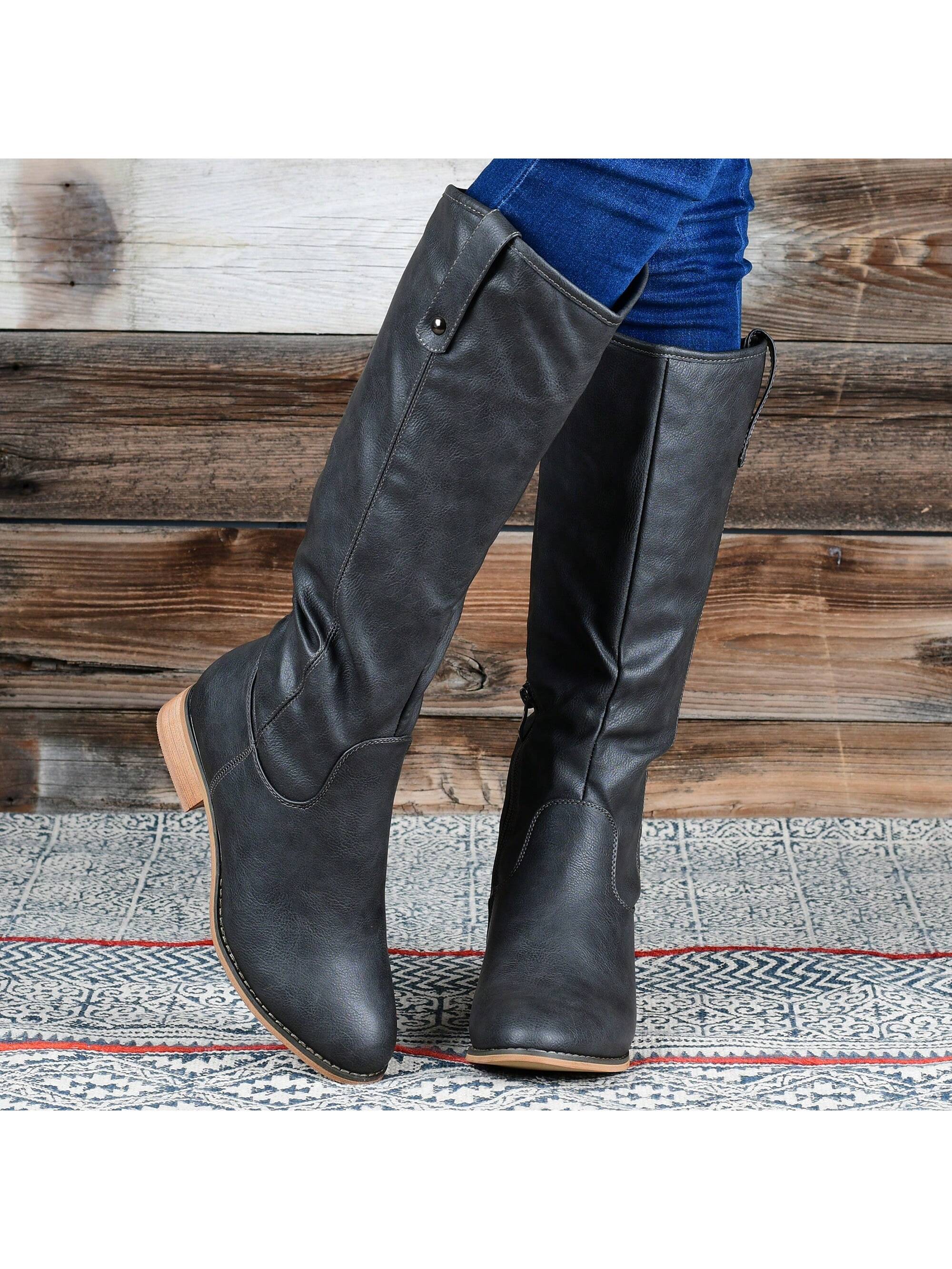 Womens Extra Wide Calf Stacked Heel Riding Boots