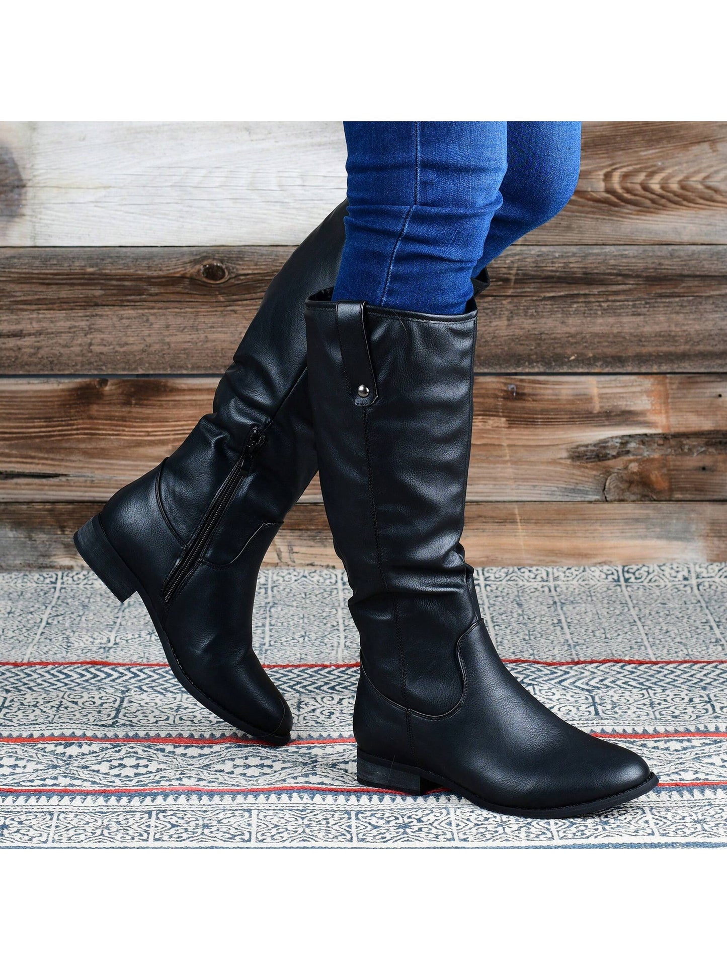 Womens Extra Wide Calf Stacked Heel Riding Boots