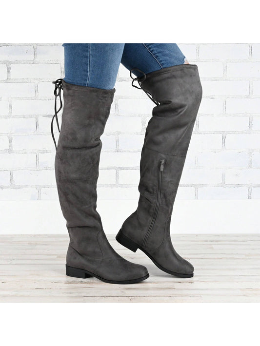 Womens Wide Calf Stacked Heel Over The Knee Boots