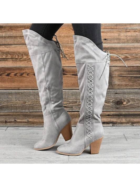 Womens Wide Calf Stacked Heel Over The Knee Boots