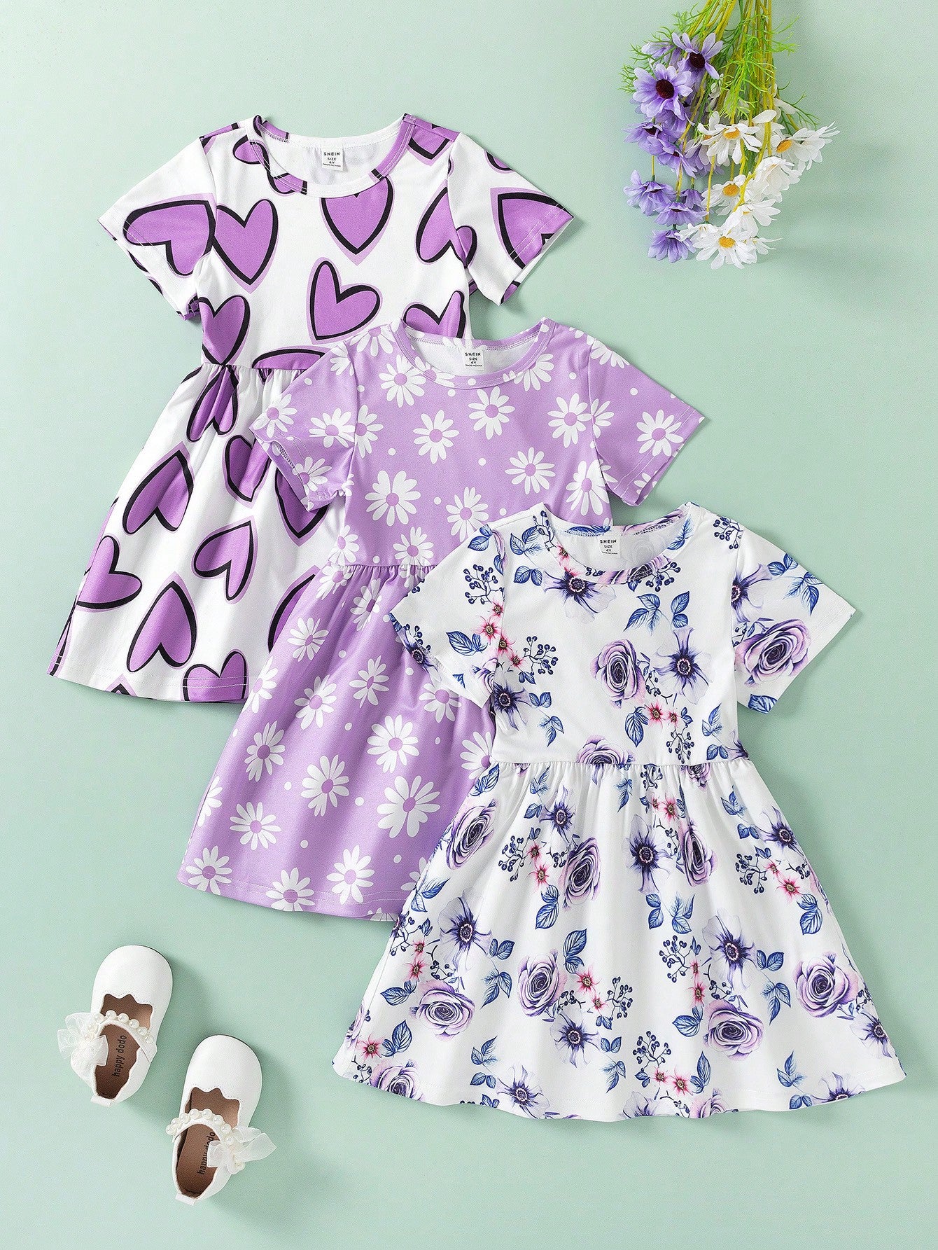 Young Girls Floral & Polka Dot Print    3-Piece Summer Dress Set