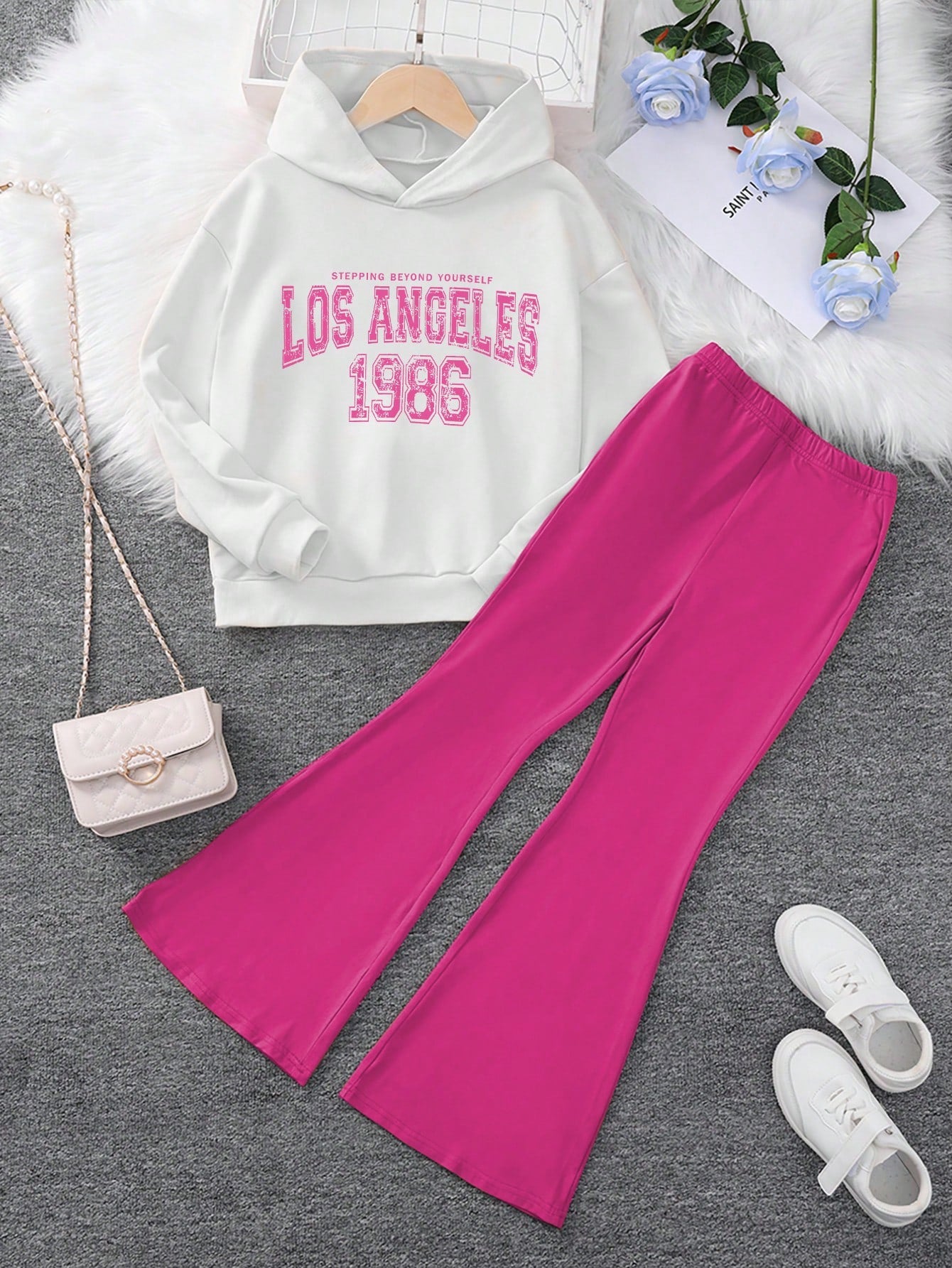 Tween Girl 2pcs Letter Printed Sports Hoodie And Bell-Bottoms Set