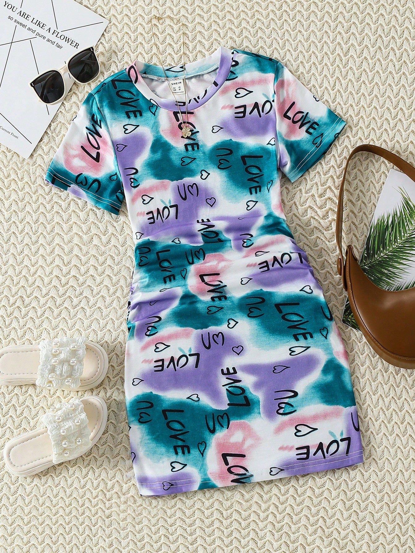 Tween Girl Tie Dye Letter Graphic Ruched Side Dress