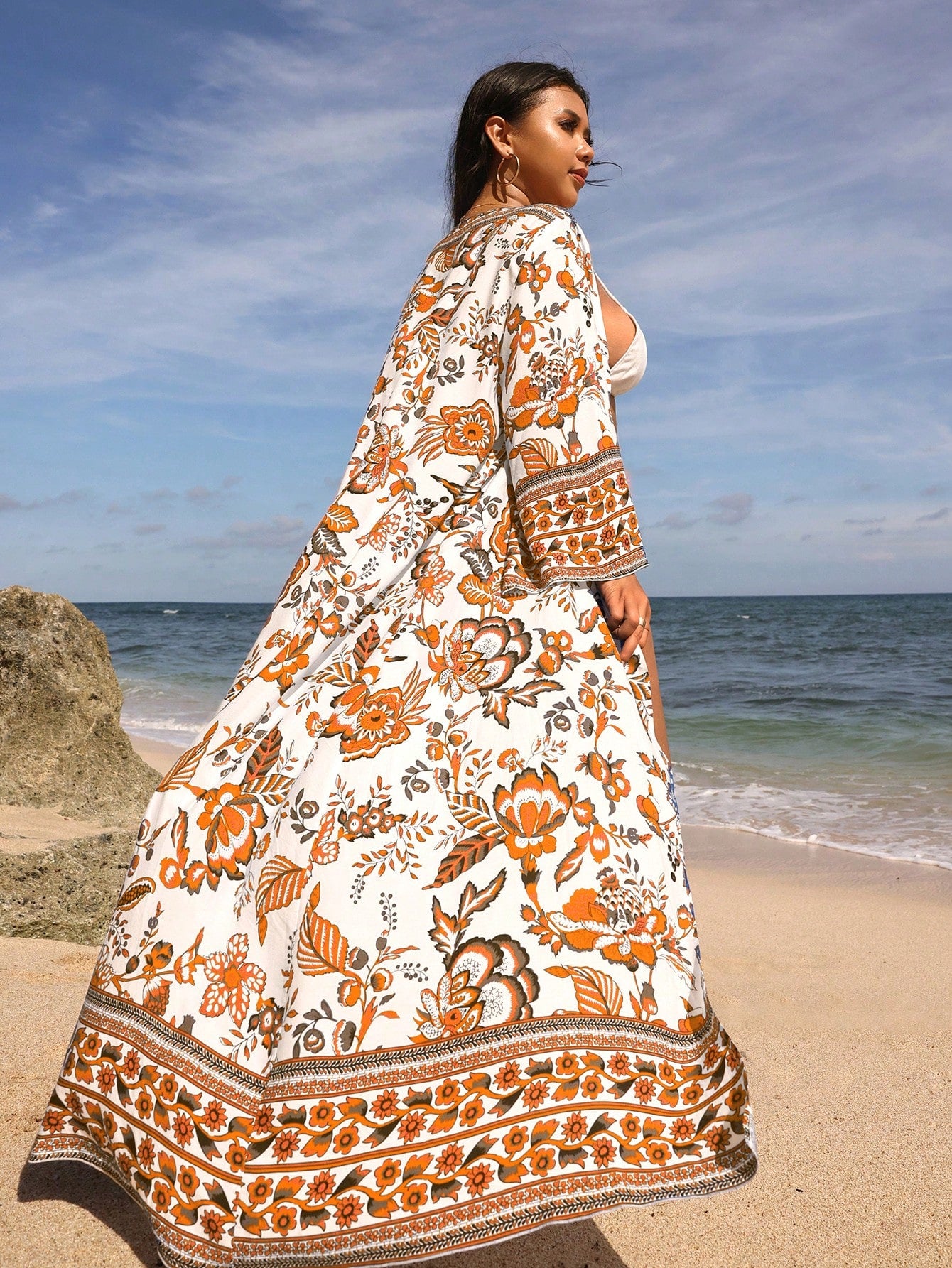 Swim Vcay Plus Size Floral Printed Maxi Kimono For Beach Vacation